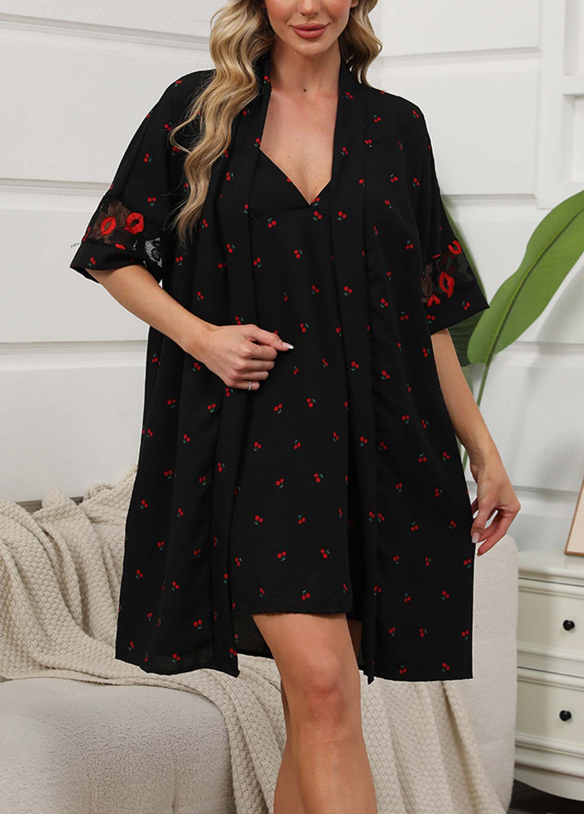Black Ditsy Floral Print Half Sleeve Camisole and Robe | picture 