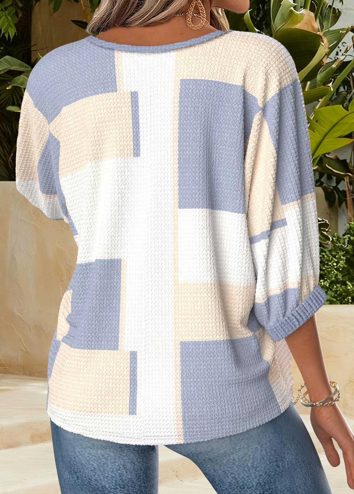 Dusty Blue Tummy Coverage Geometric Print 3/4 Sleeve Blouse | picture 