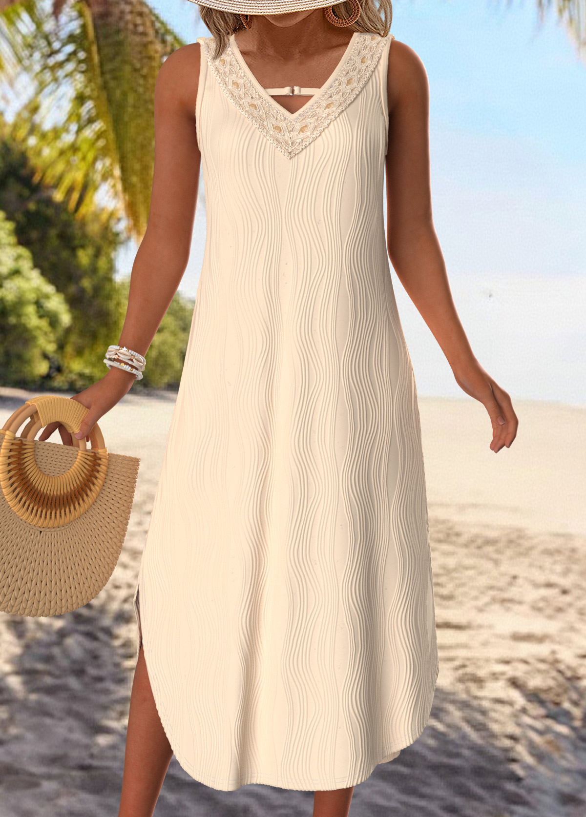 Beige Tummy Coverage Sleeveless V Neck Dress | picture 