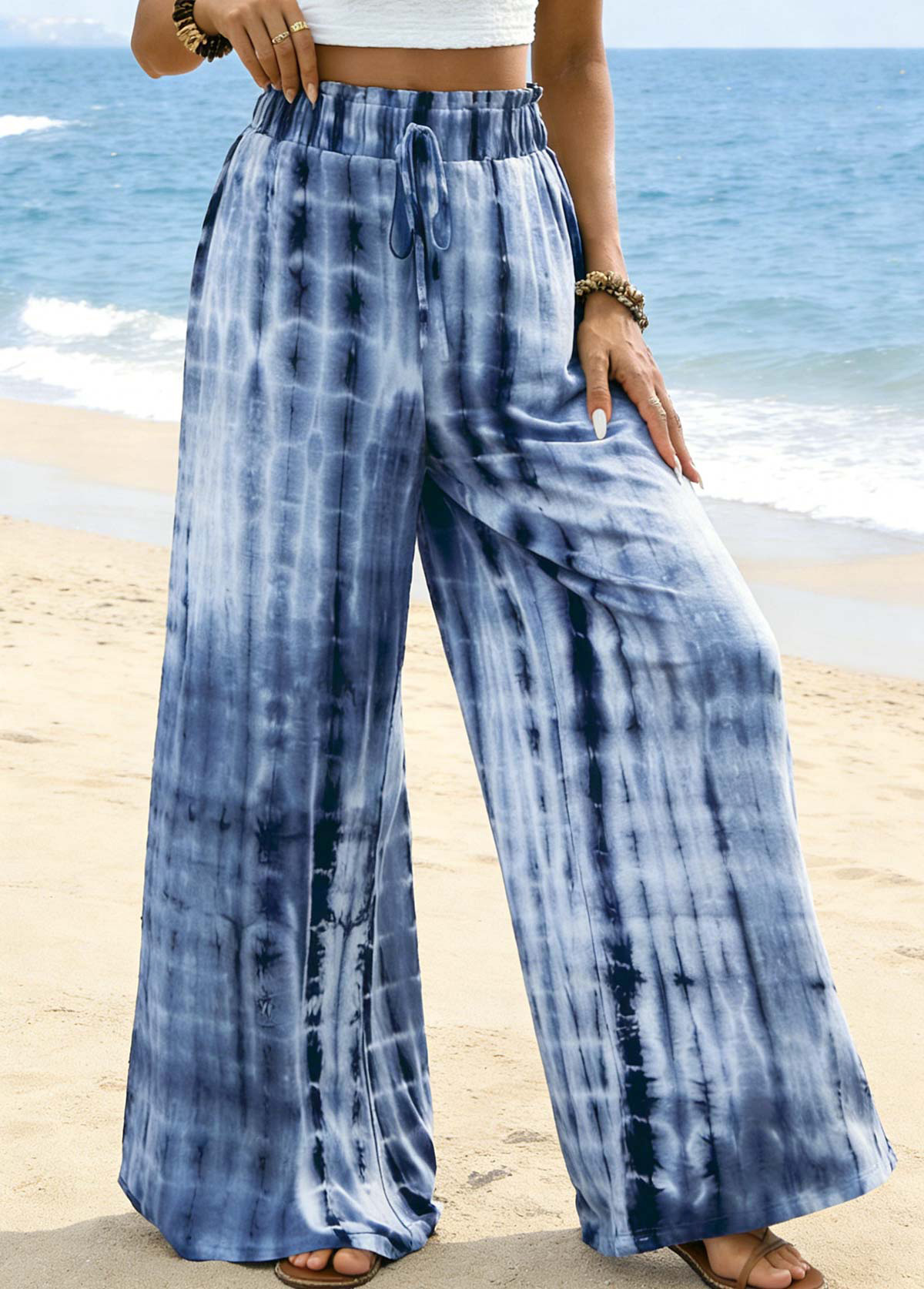 Blue Soft Tie Dye Print Wide Leg Pants | picture 