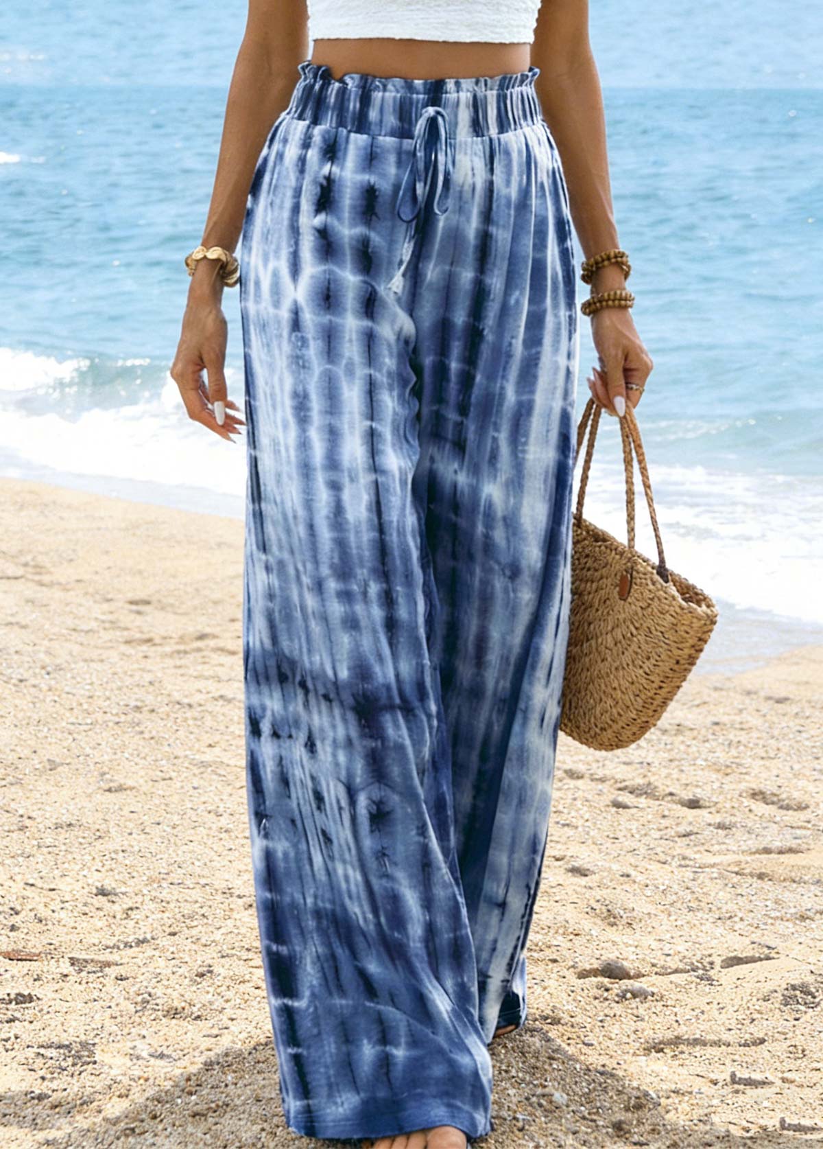 Blue Soft Tie Dye Print Wide Leg Pants | picture 