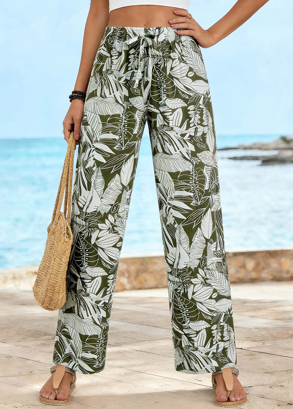 Olive Green Leaf Print High Waisted Stretch Straight Leg Pants