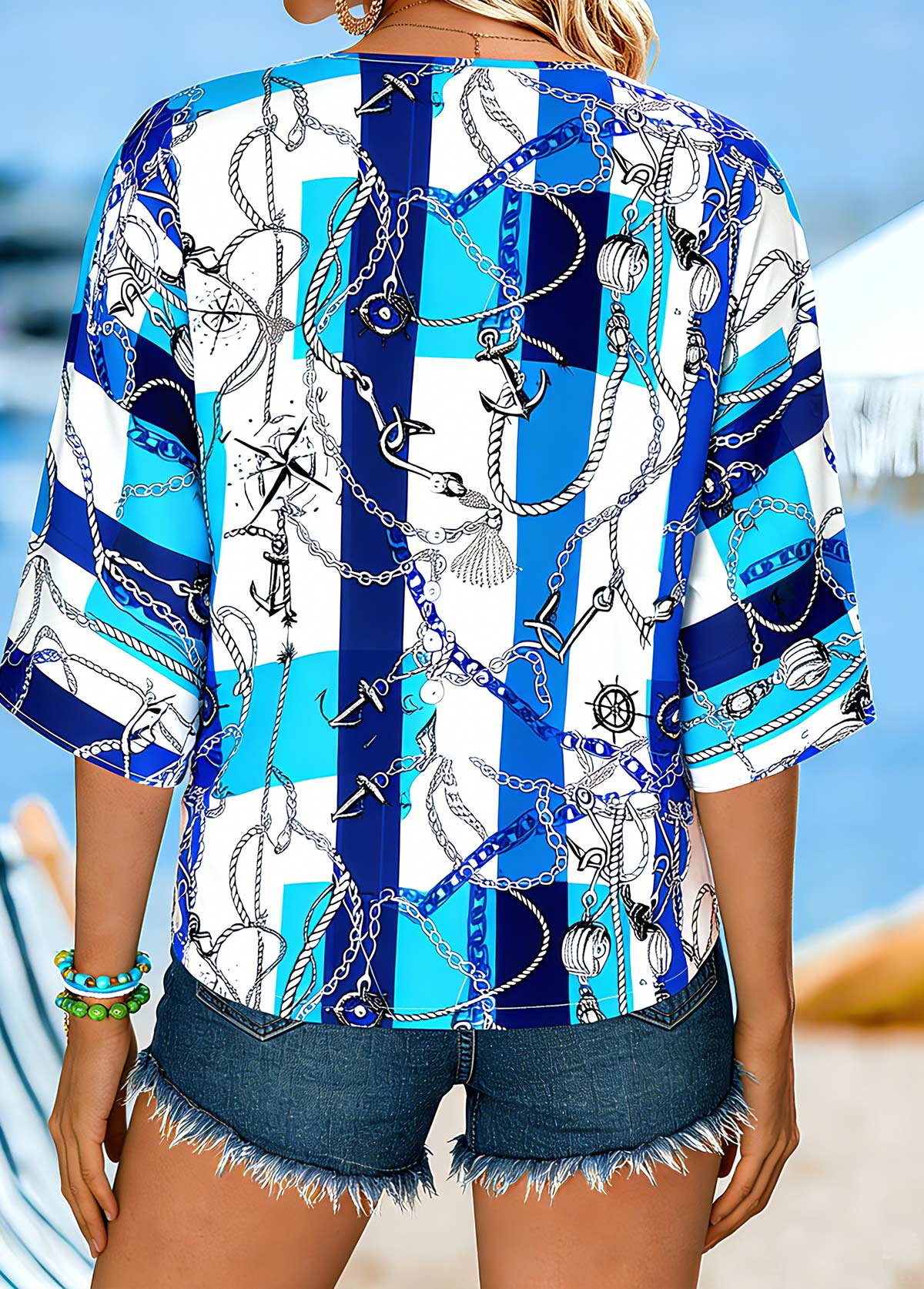 Blue Ocean Print Half Sleeve V Neck Blouse | picture 