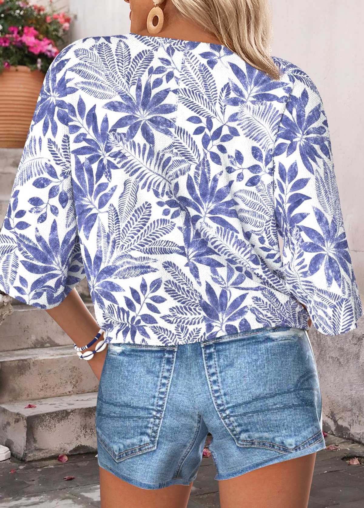 Blue Tummy Coverage Leaf Print Half Sleeve Blouse | picture 