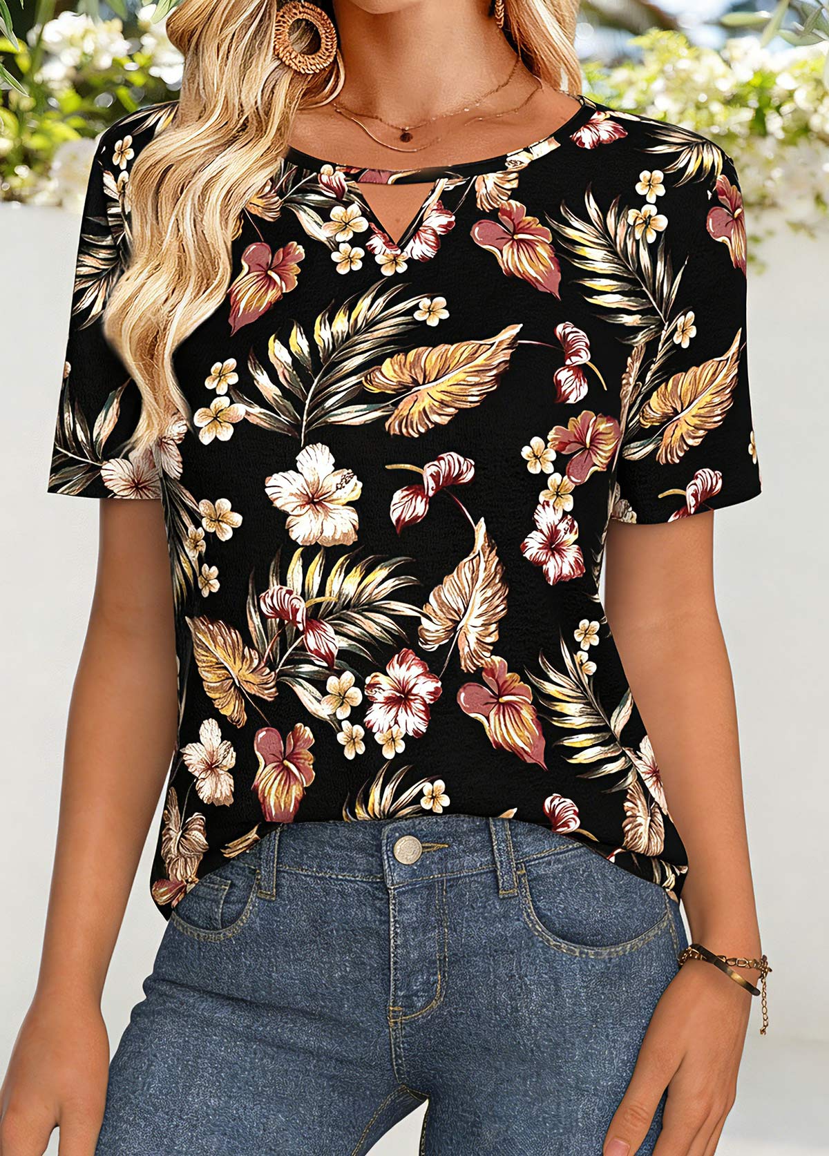 Black Tummy Coverage Floral Print Long Sleeve T Shirt | picture 