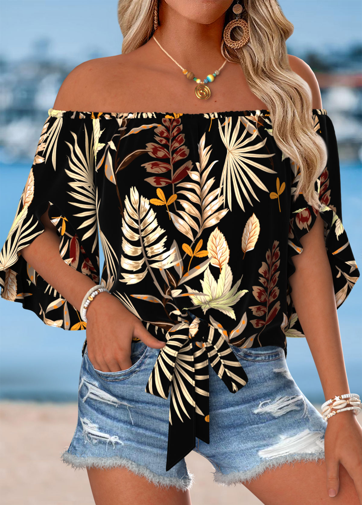 Multi Color Tie Plants Print Half Sleeve Blouse | picture 