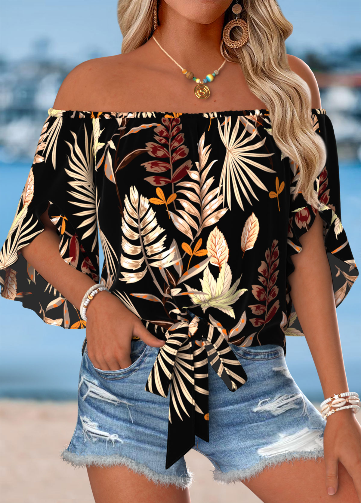Multi Color Tie Plants Print Half Sleeve Blouse | picture 