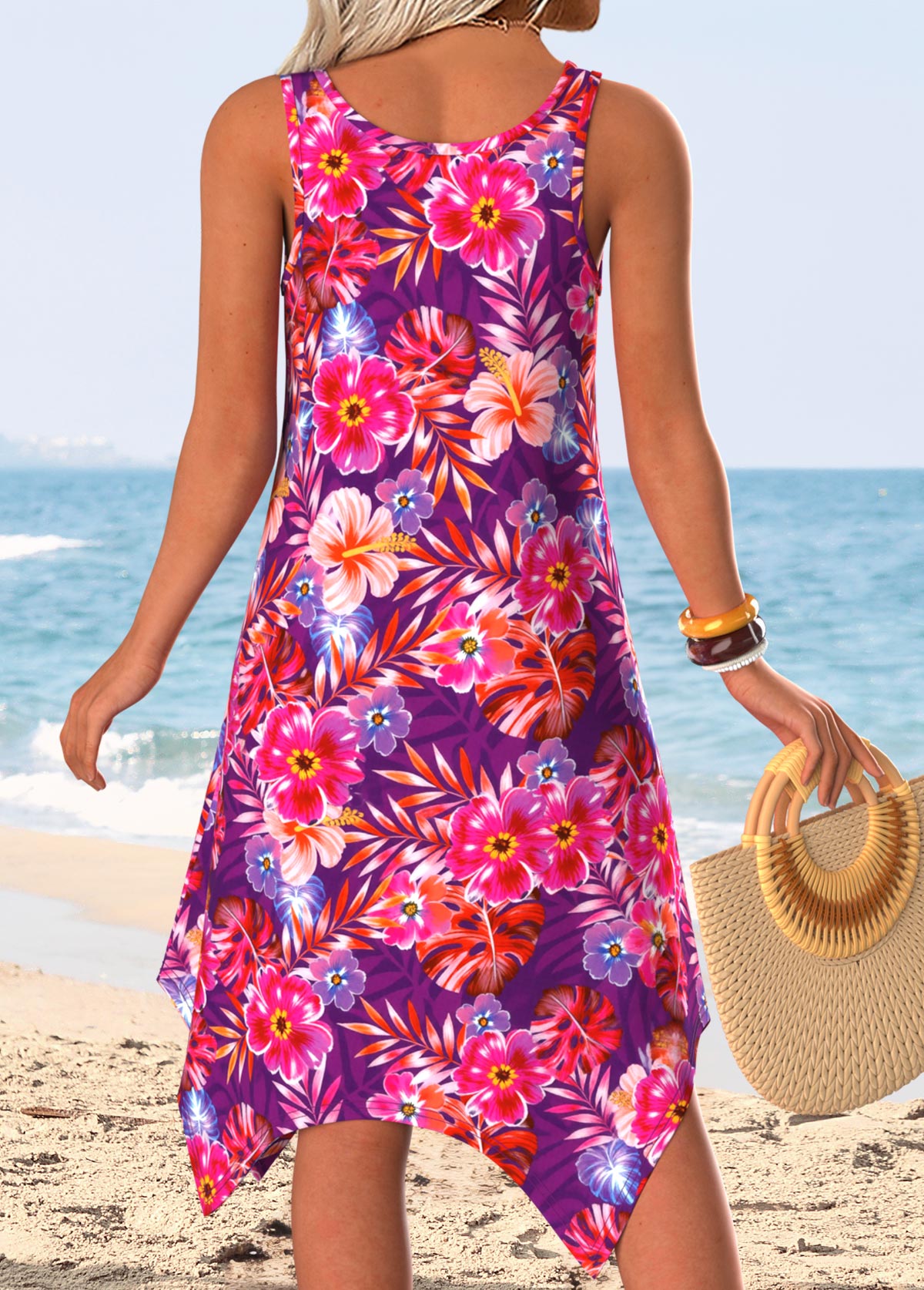 Hot Pink Handkerchief Hem Floral Print Sleeveless Dress | picture 