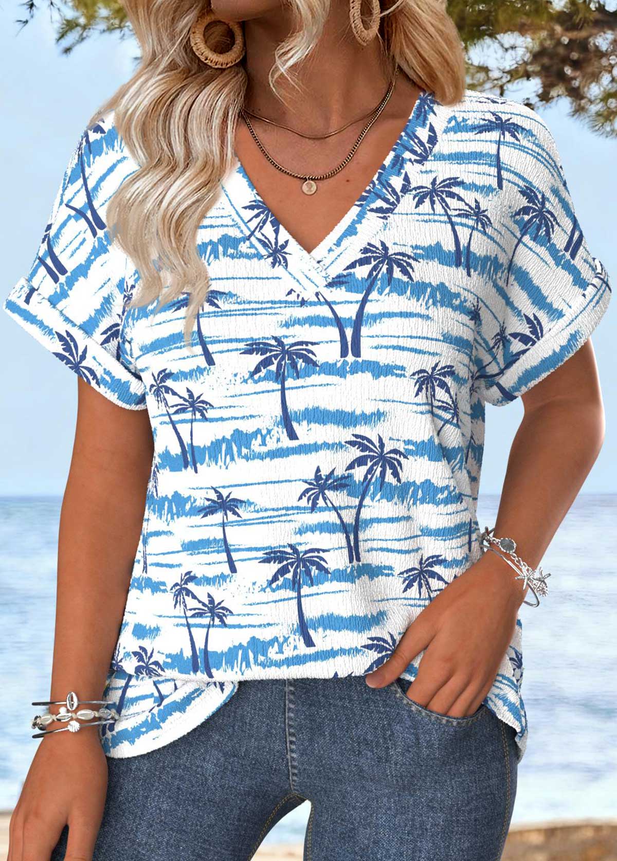 Multi Color Tummy Coverage Tropical Plants Print T Shirt | picture 