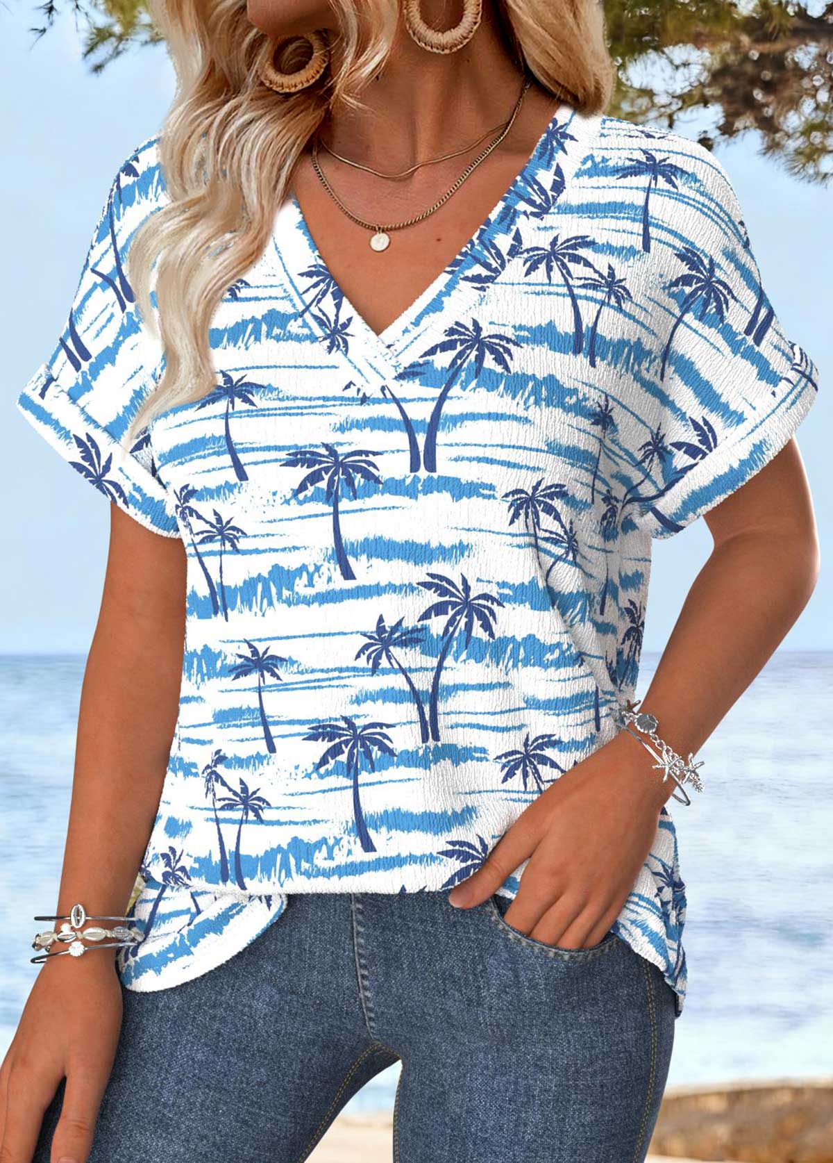 Multi Color Tummy Coverage Tropical Plants Print T Shirt | picture 