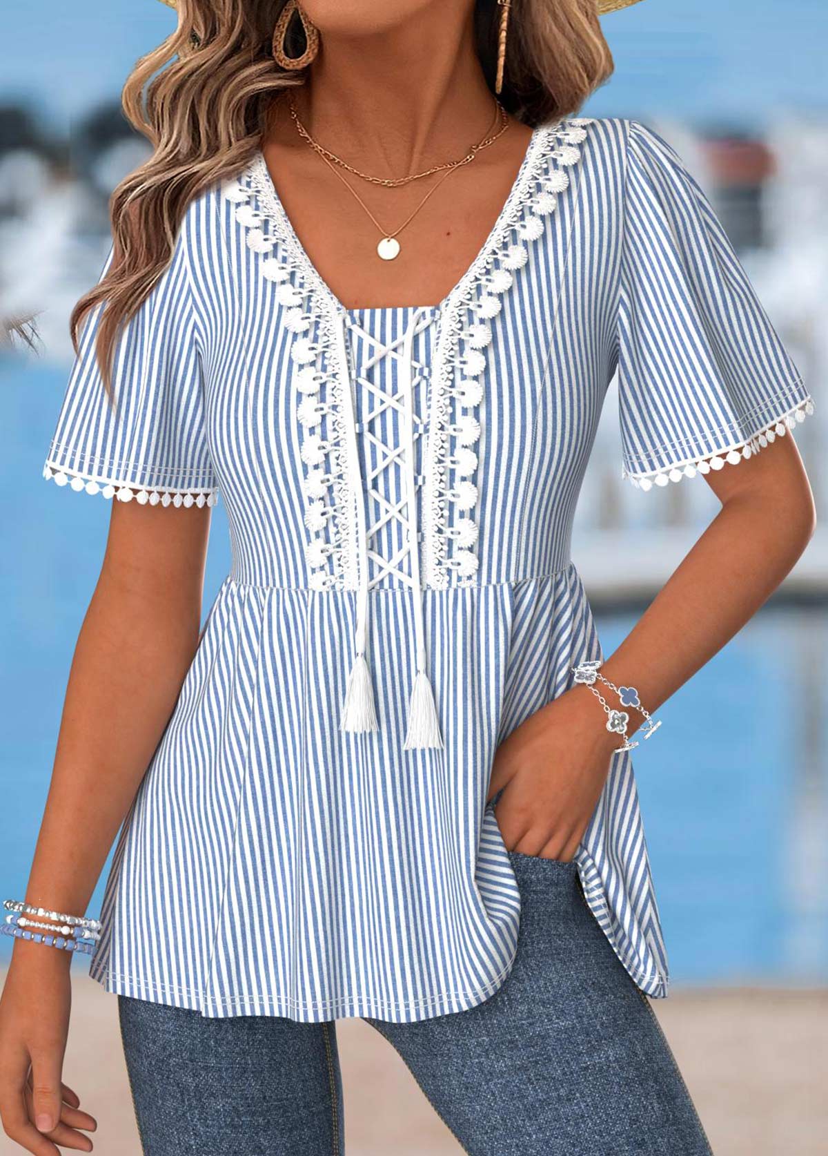 Light Blue Peplum Striped Short Sleeve T Shirt | picture 