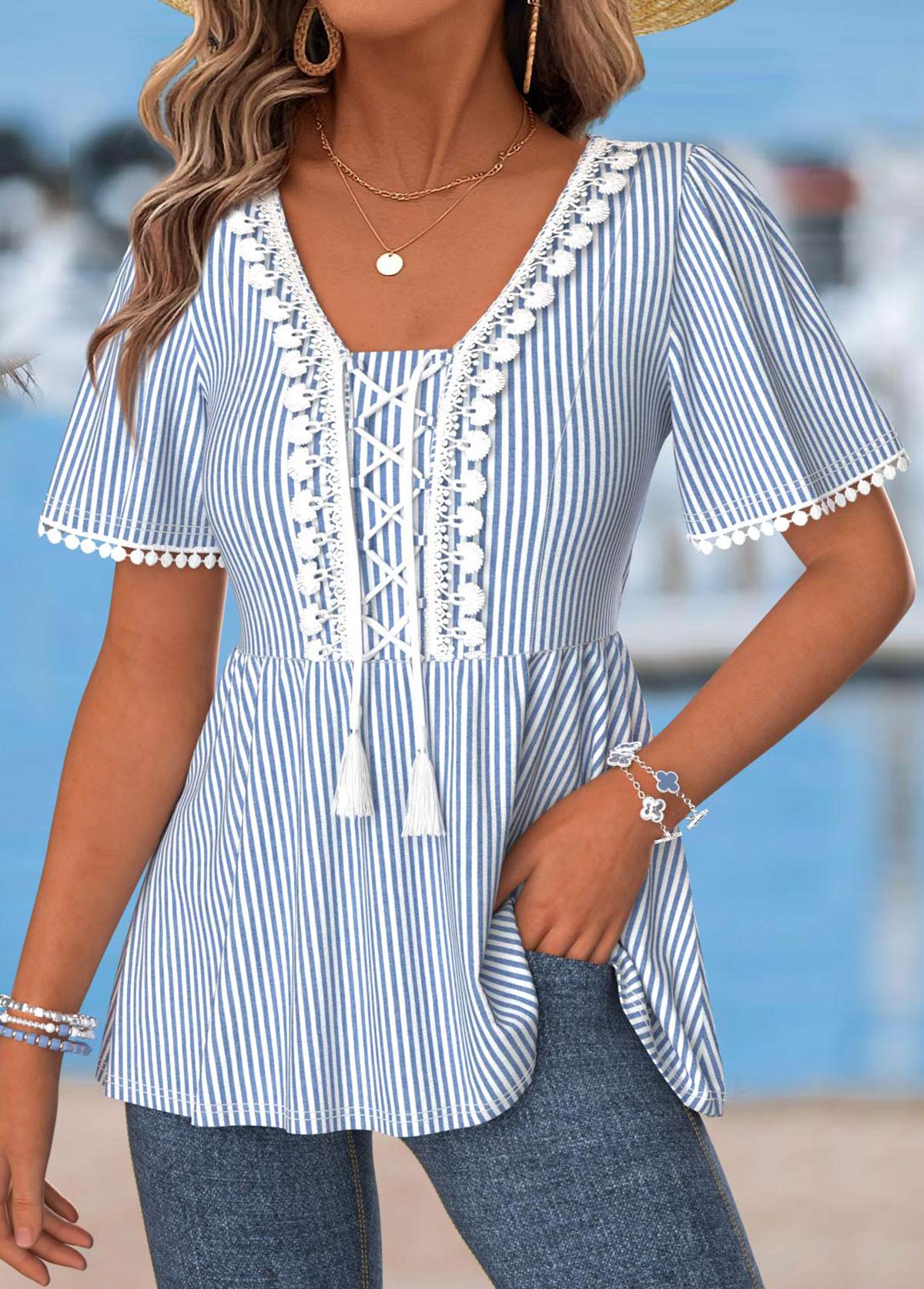 Light Blue Peplum Striped Short Sleeve T Shirt | picture 