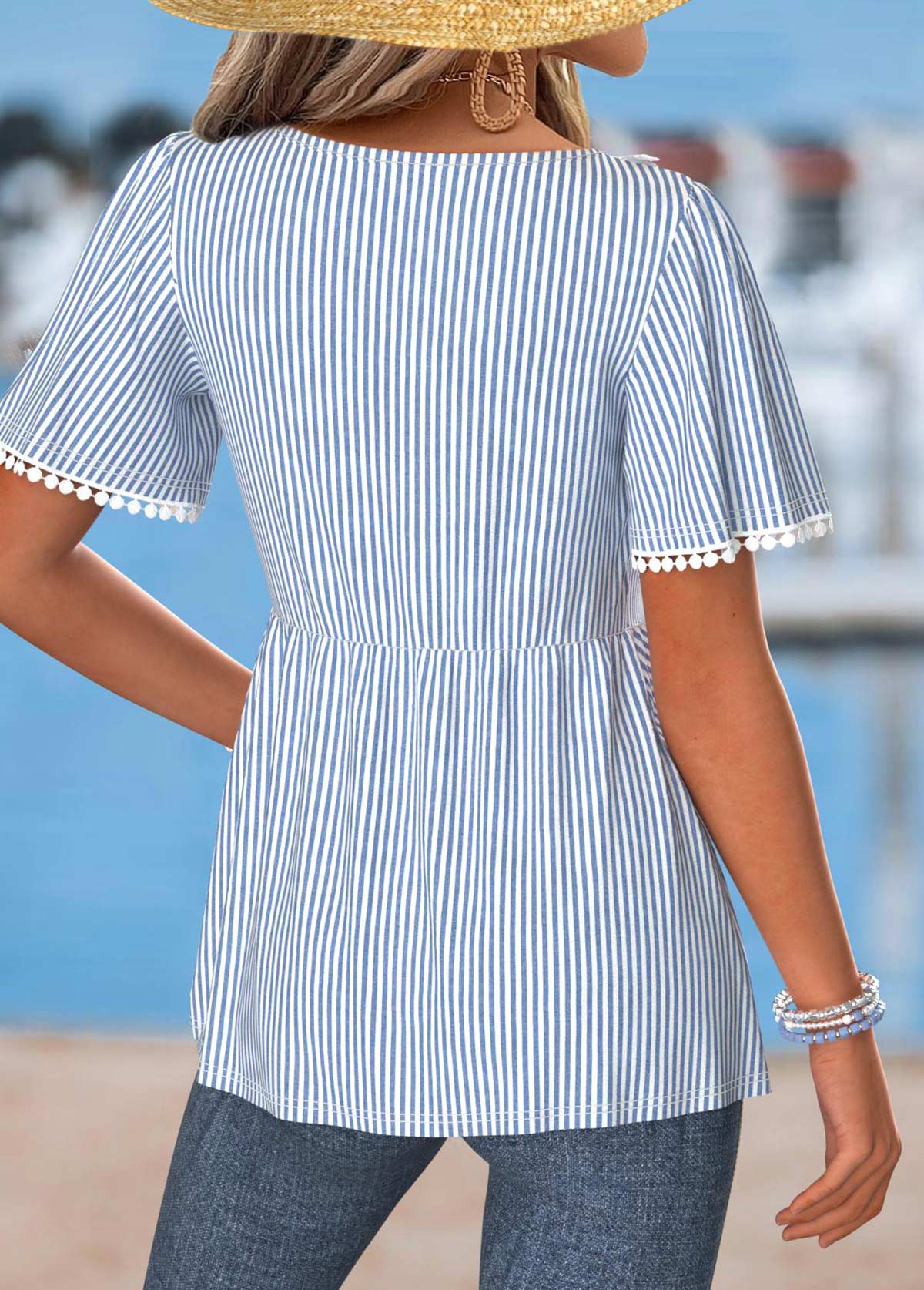 Light Blue Peplum Striped Short Sleeve T Shirt | picture 