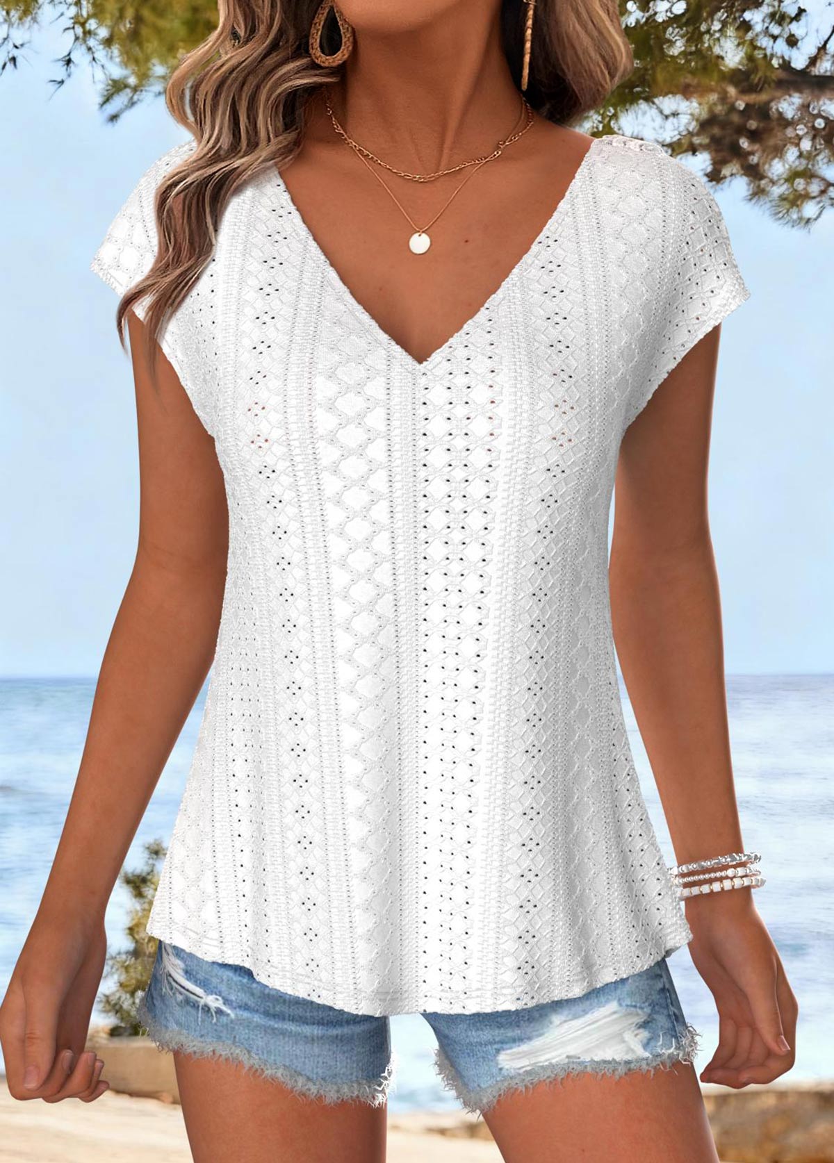 White Tummy Coverage Short Sleeve V Neck T Shirt | picture 