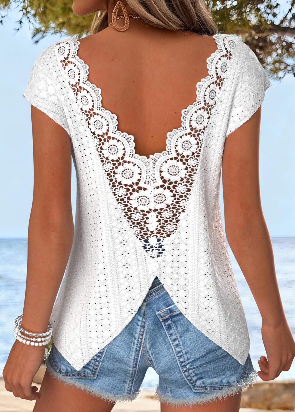 White Tummy Coverage Short Sleeve V Neck T Shirt | picture 