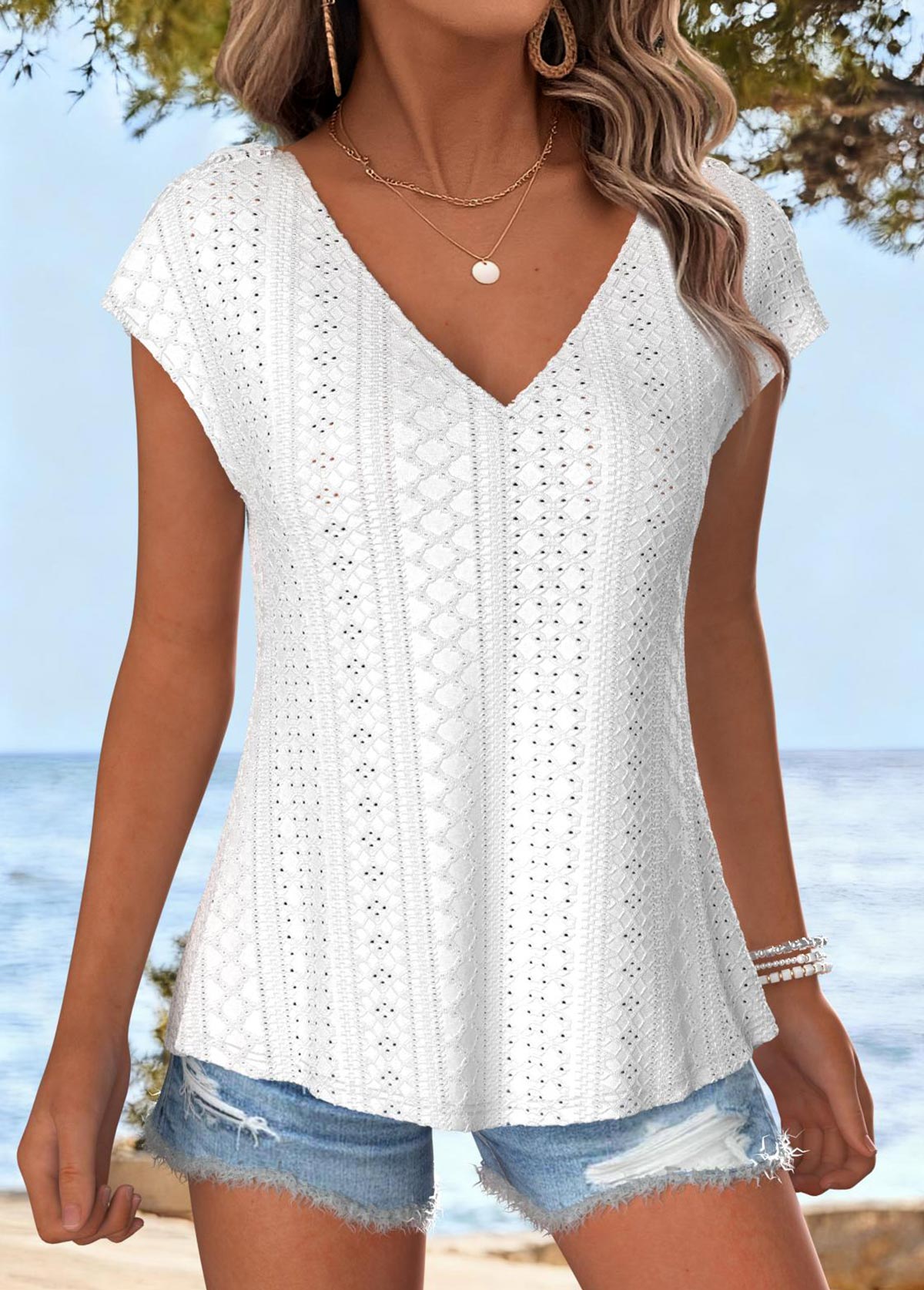 White Tummy Coverage Short Sleeve V Neck T Shirt | picture 