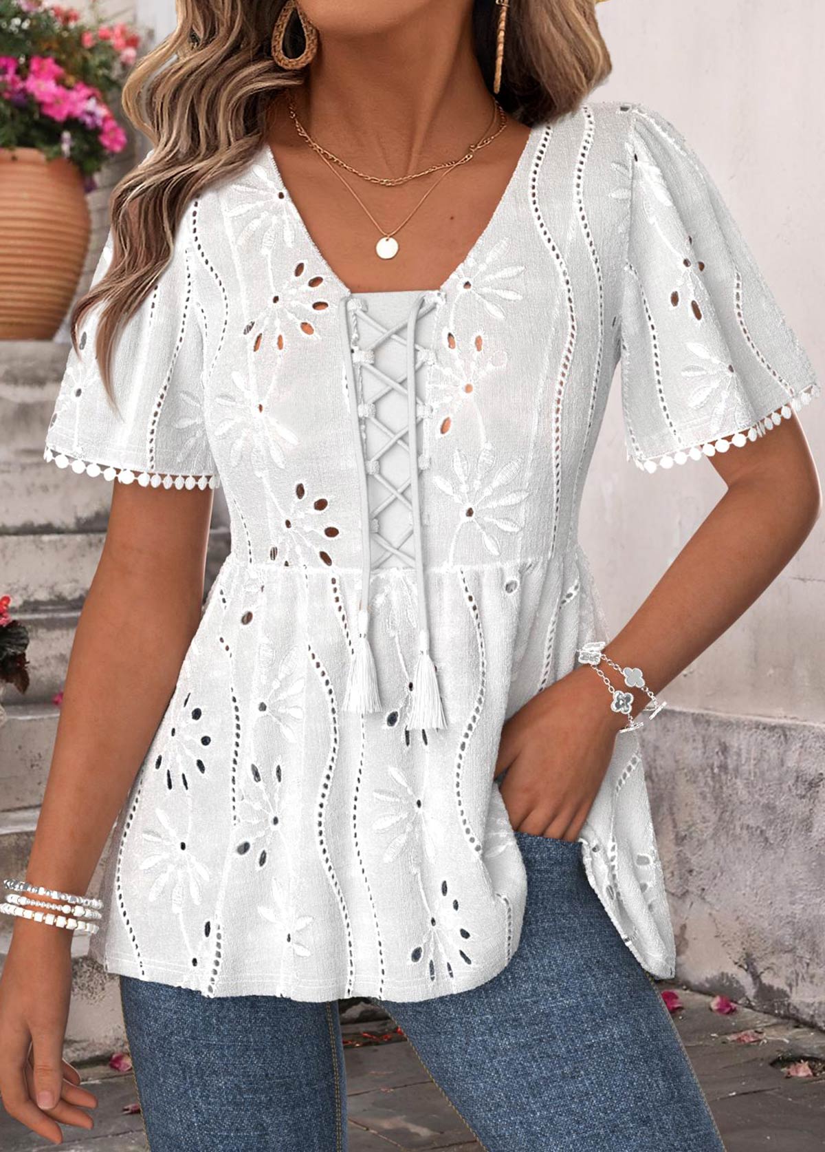 White Peplum Short Sleeve V Neck T Shirt | picture 