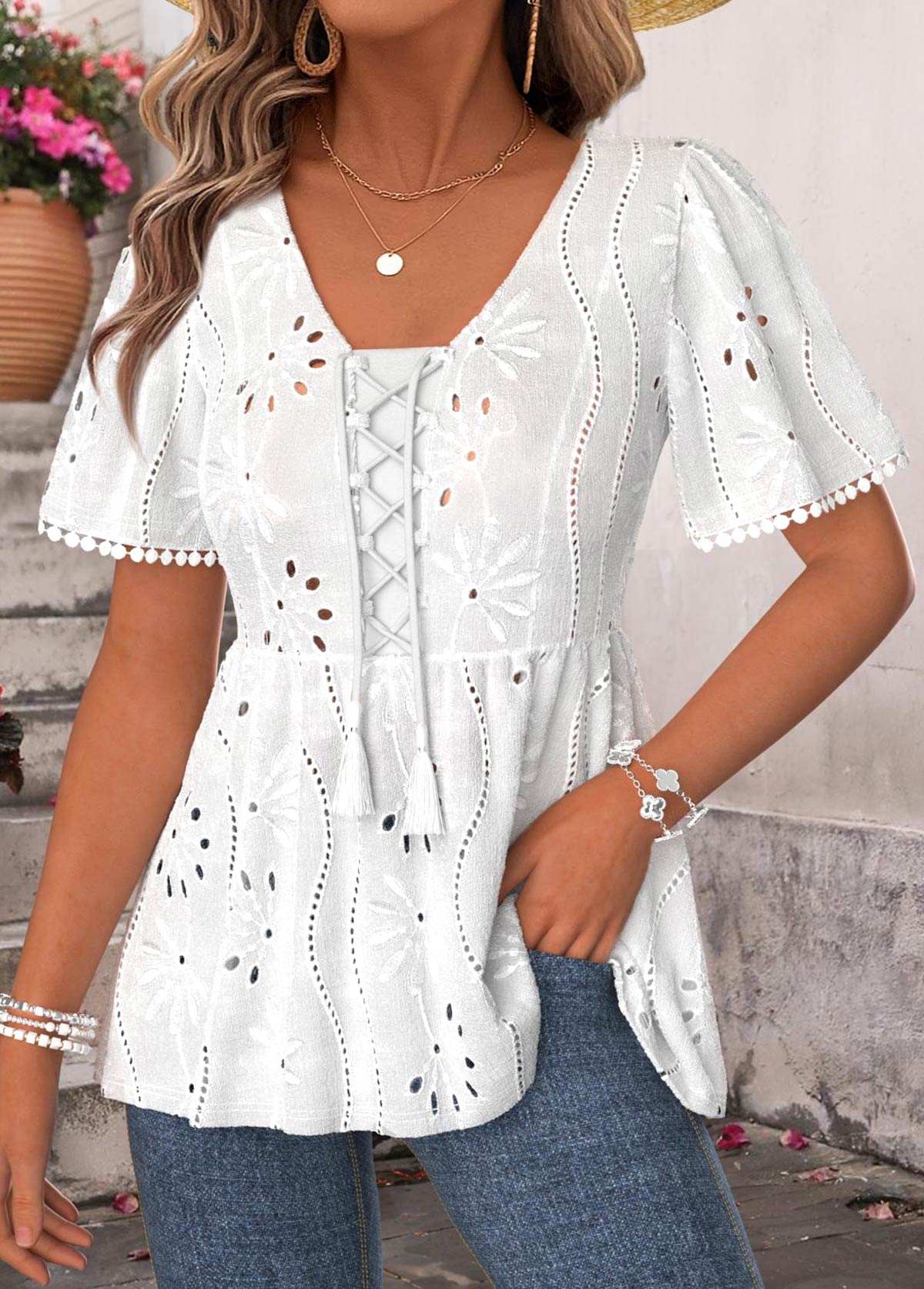 White Peplum Short Sleeve V Neck T Shirt | picture 