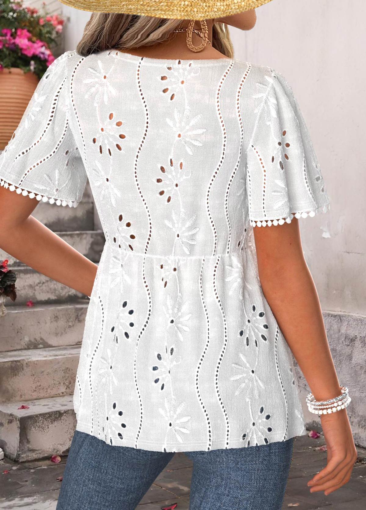 White Peplum Short Sleeve V Neck T Shirt | picture 