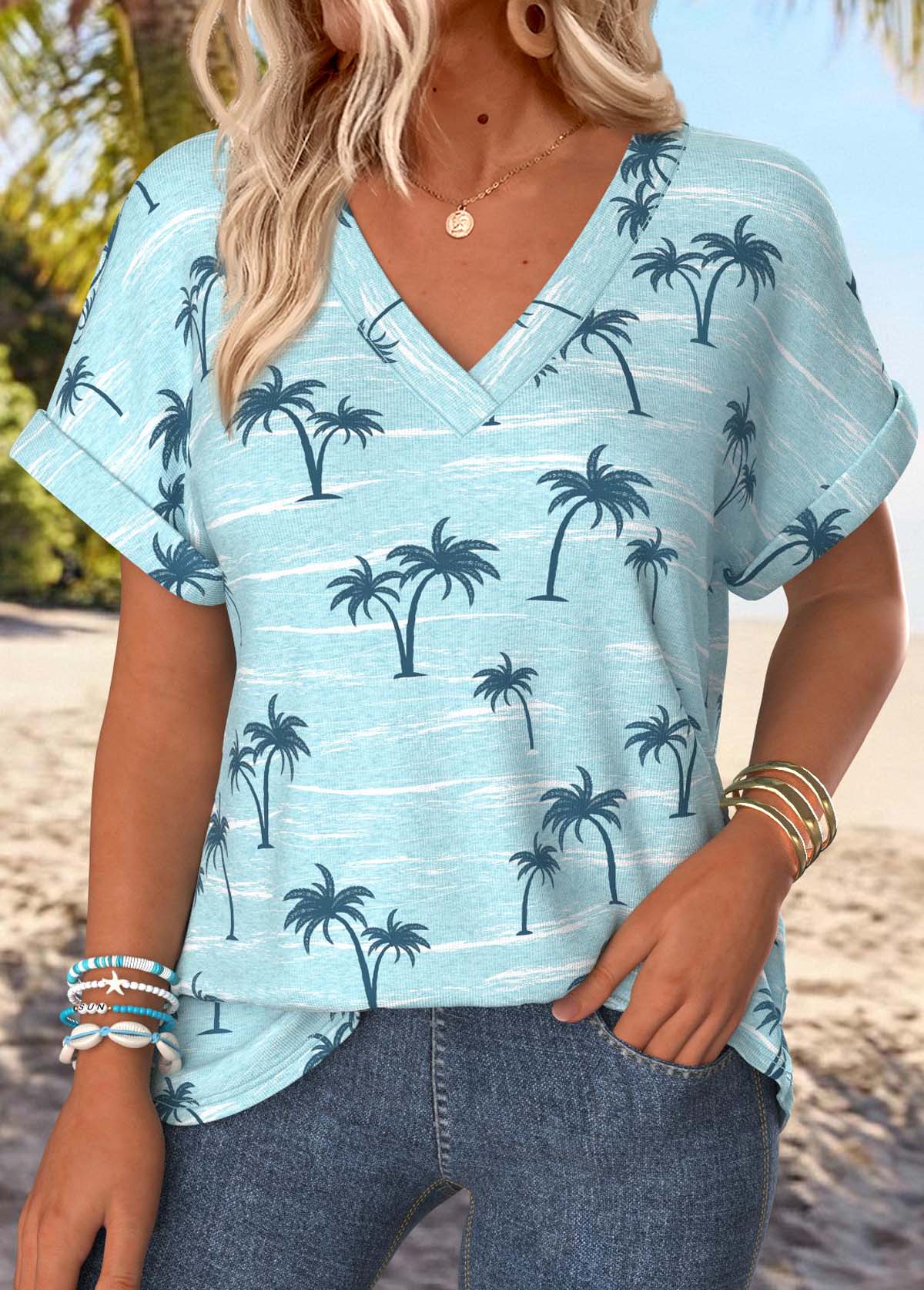 Blue Tropical Plants Print Short Sleeve T Shirt | picture 