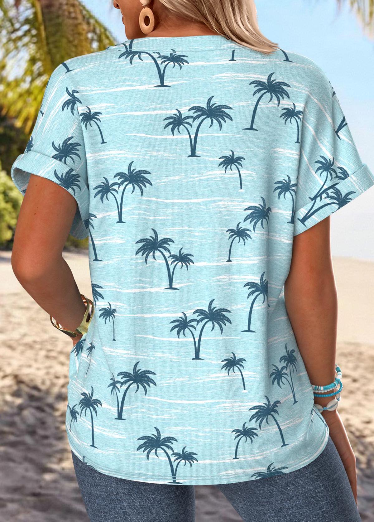 Blue Tropical Plants Print Short Sleeve T Shirt | picture 