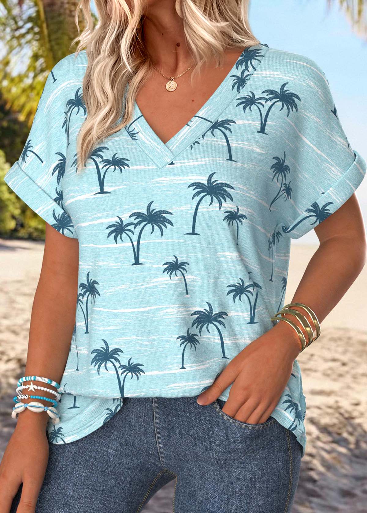 Blue Tropical Plants Print Short Sleeve T Shirt | picture 