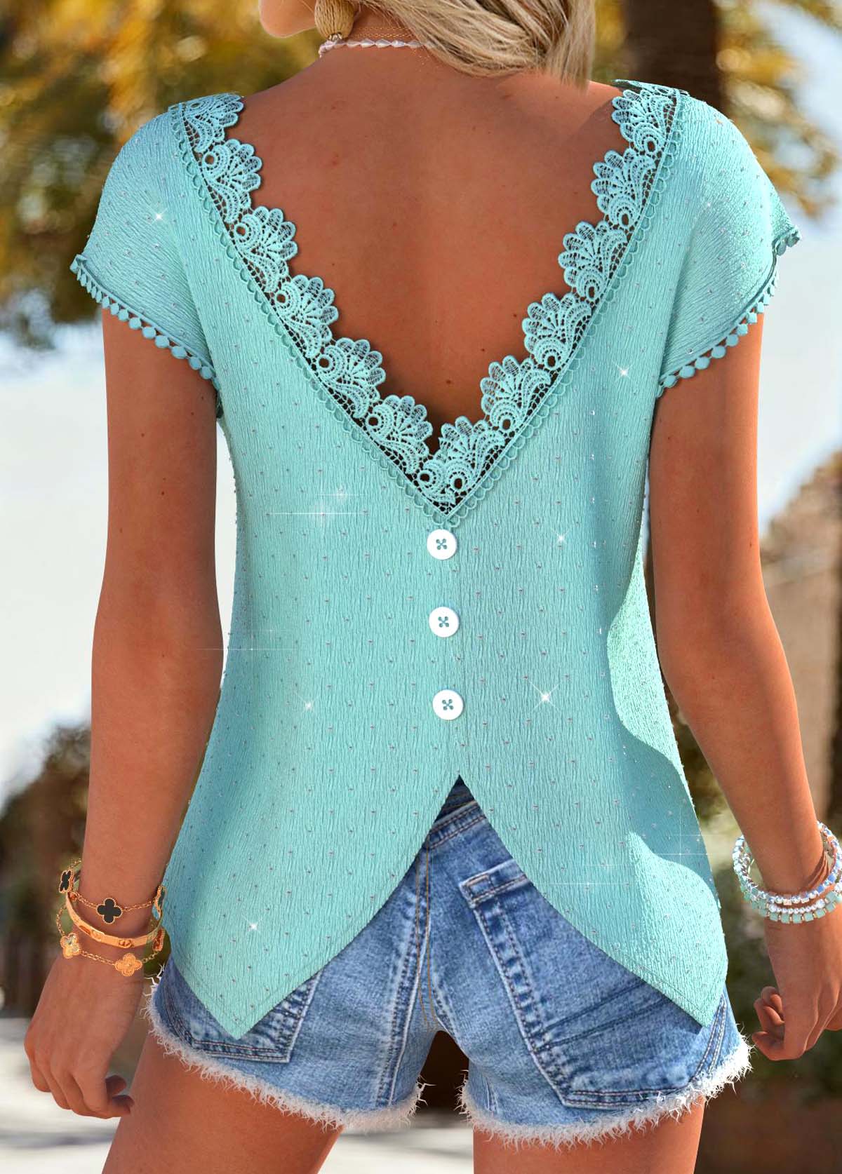 Cyan Handkerchief Hem Short Sleeve V Neck T Shirt | picture 