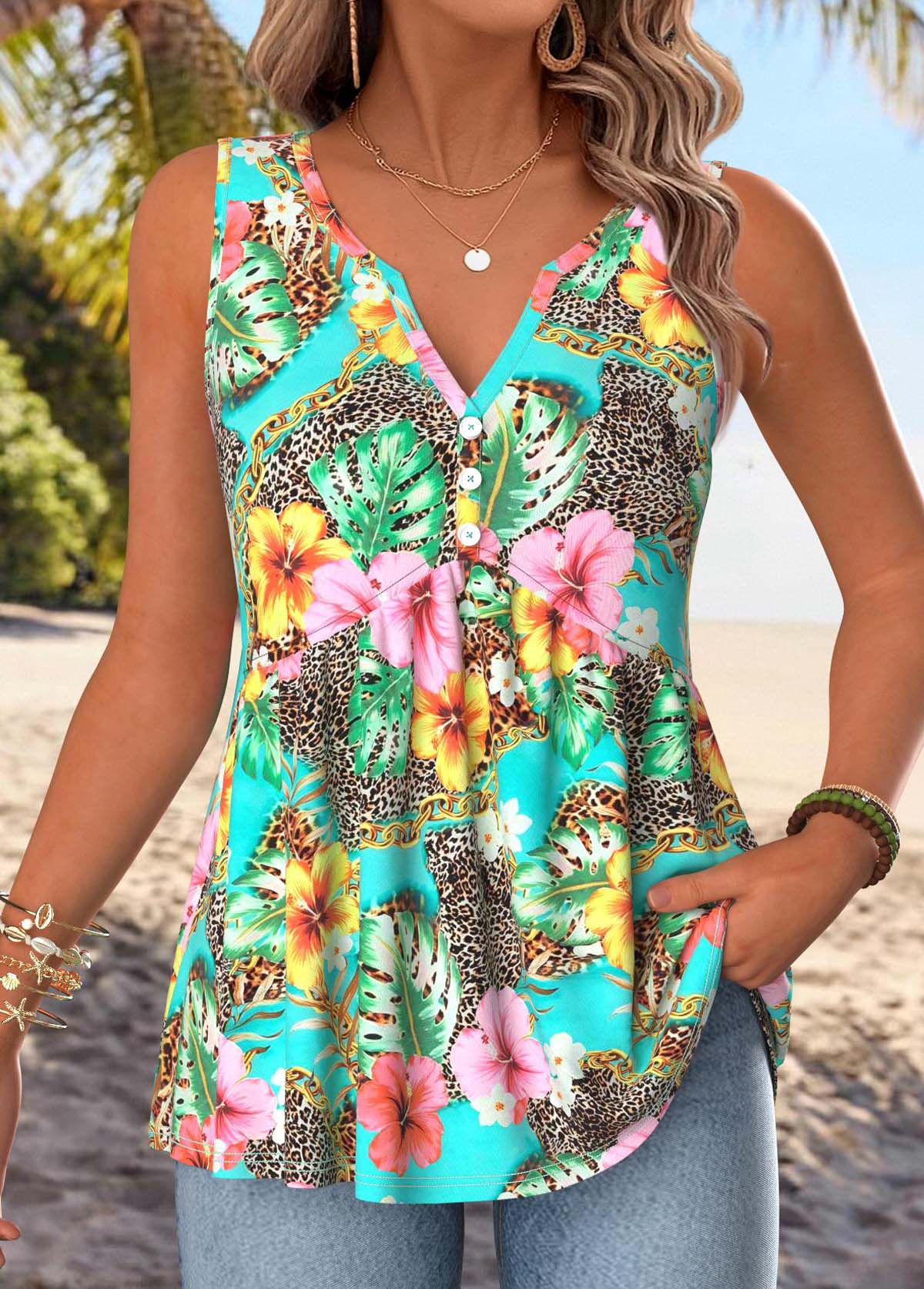 Mint Green Button Floral Print Sleeveless Tank Top | picture 