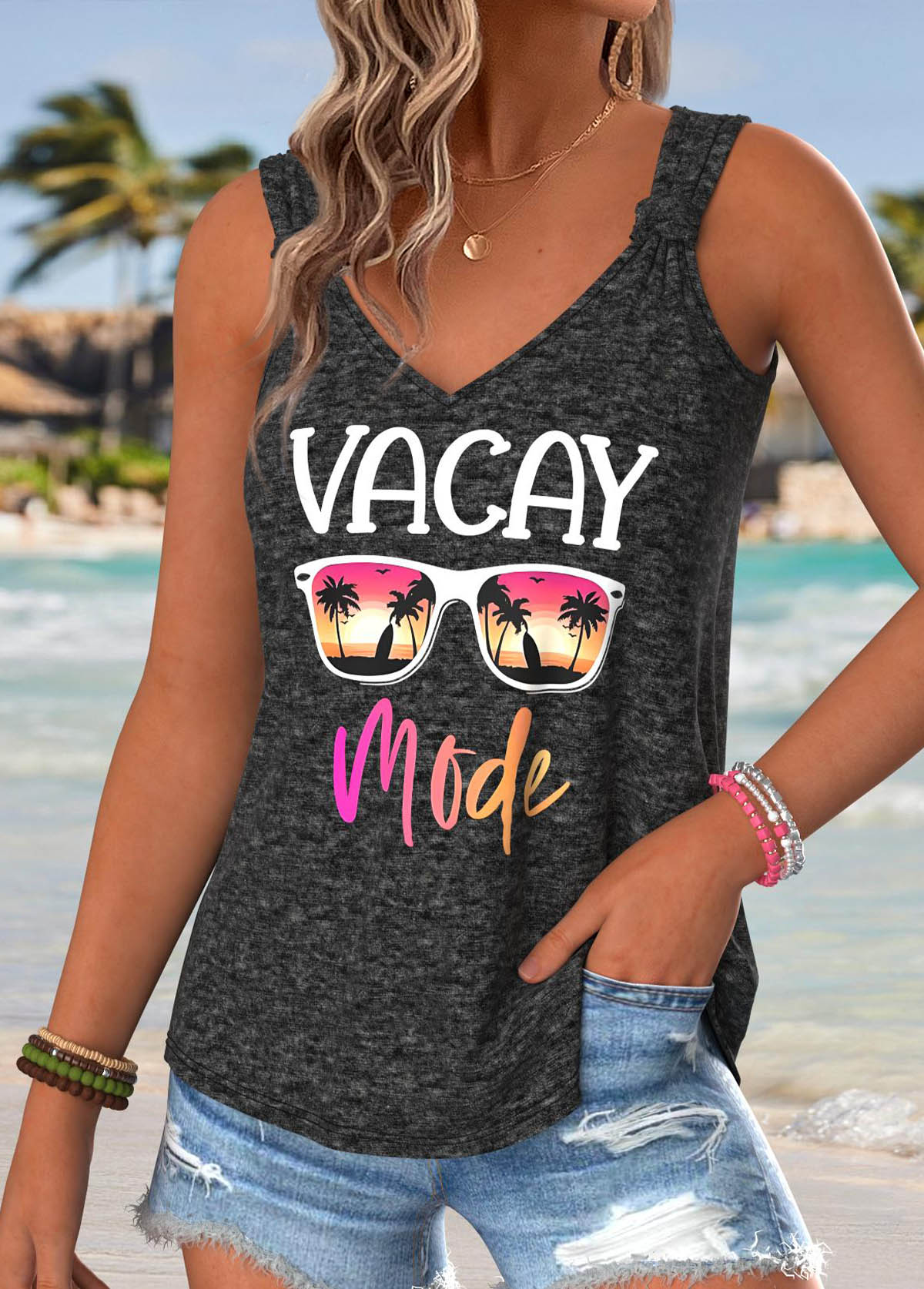 Dark Grey Marl Tie Slogan Print Sleeveless Tank Top | picture 