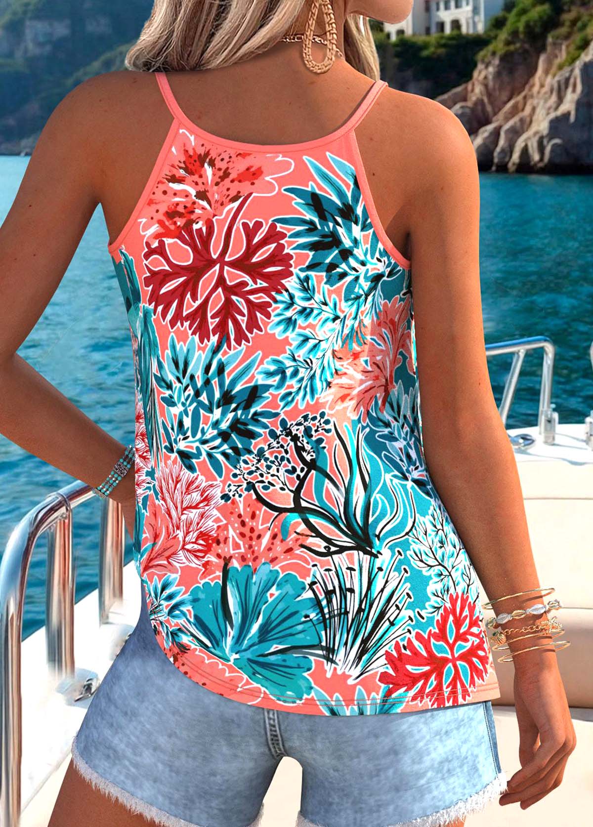 Multi Color Tummy Coverage Tropical Plants Print Camisole Top | picture 