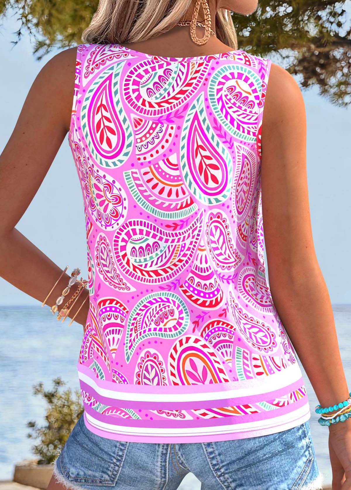 Hot Pink Tummy Coverage Paisley Print Sleeveless Tank Top | picture 