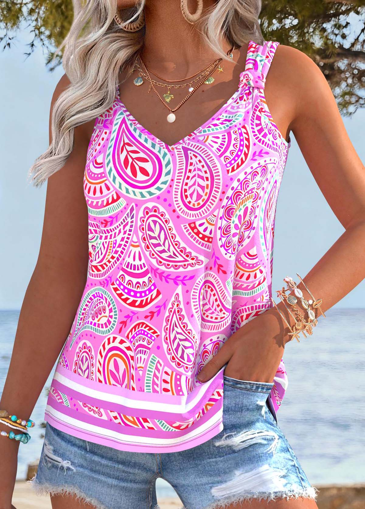 Hot Pink Tummy Coverage Paisley Print Sleeveless Tank Top | picture 