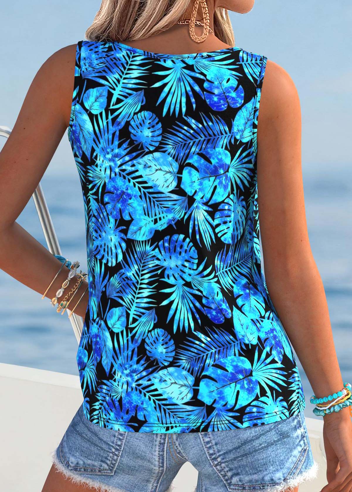 Sky Blue Tummy Coverage Leaf Print Sleeveless Tank Top | picture 