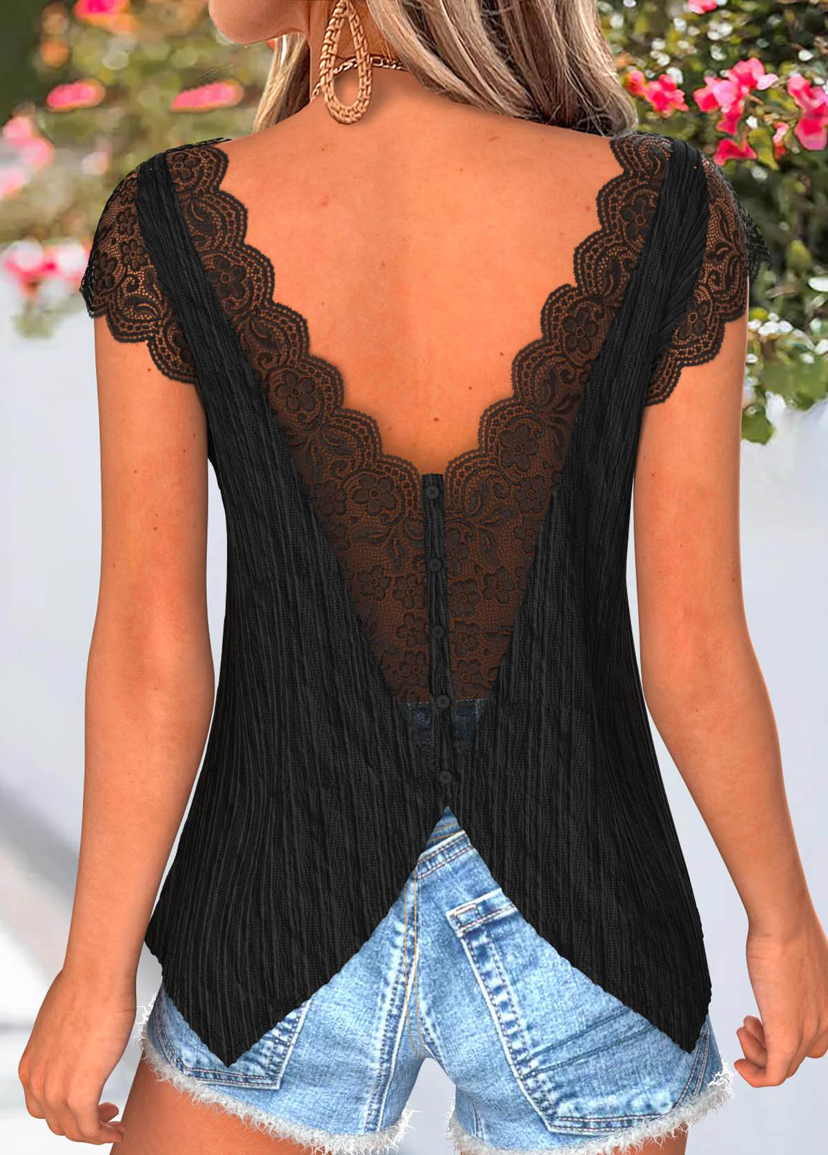 Black Tummy Coverage Short Sleeve V Neck T Shirt | picture 