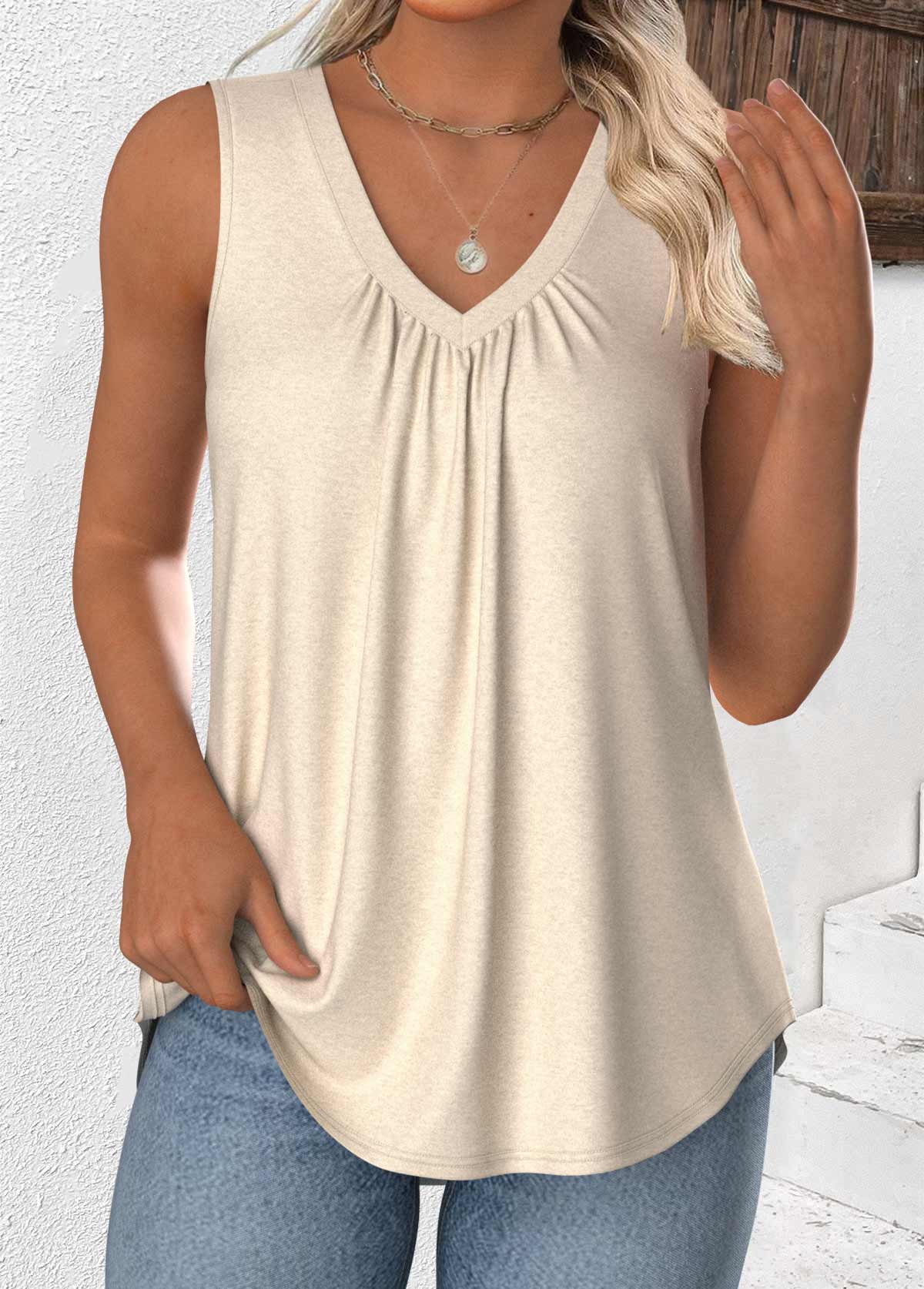 Beige Sleeveless V Neck Tank Top | picture 