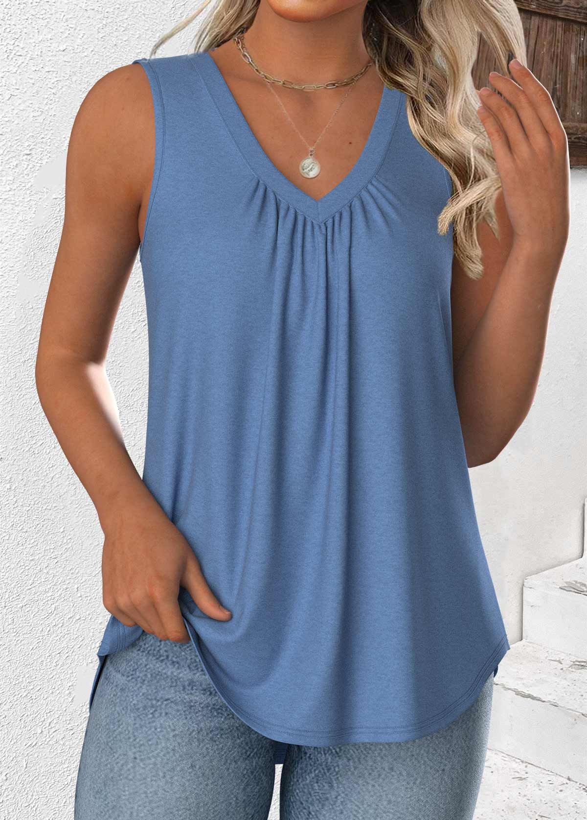 Dusty Blue Sleeveless V Neck Tank Top | picture 