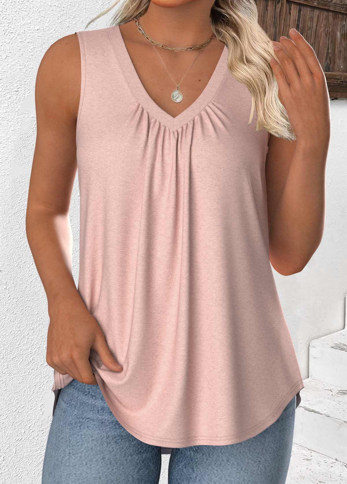 Dusty Pink Sleeveless V Neck Tank Top | picture 