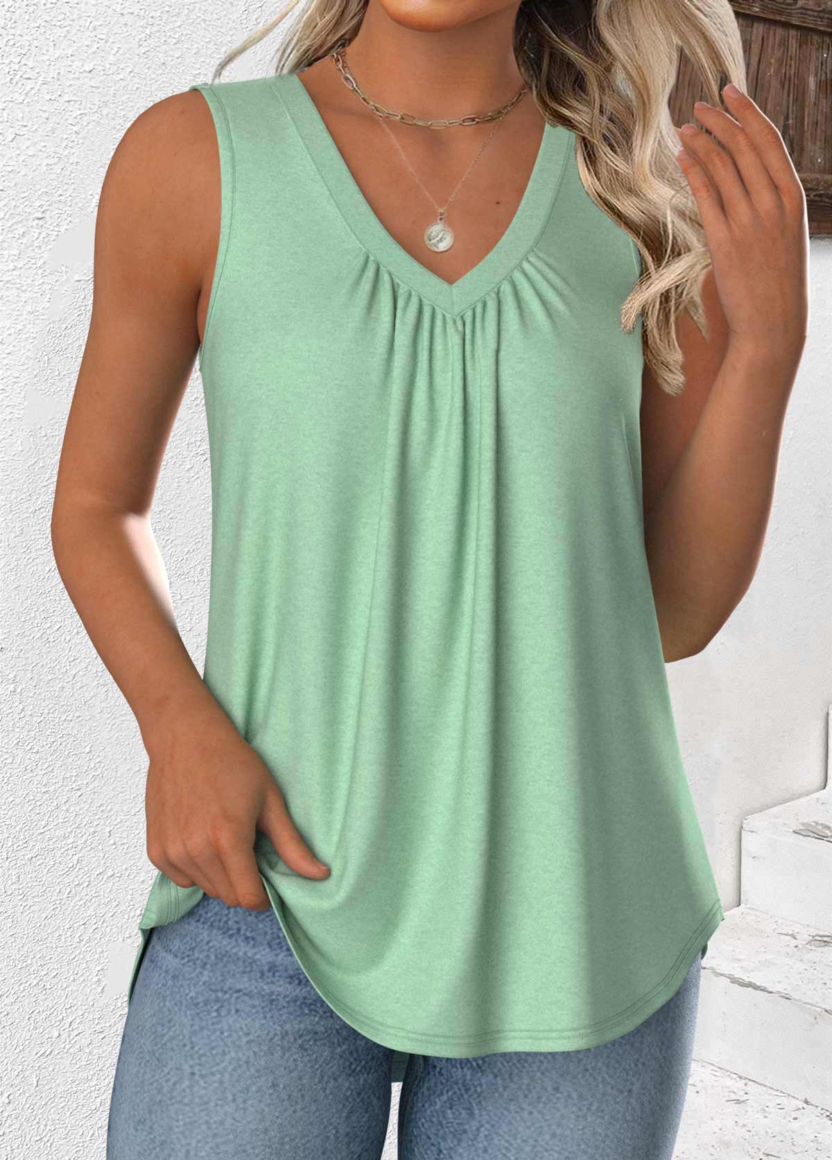 Light Green Sleeveless V Neck Tank Top | picture 