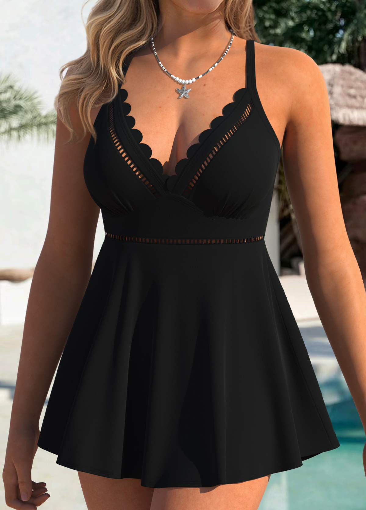 Tummy Coverage Black V Neck Tankini Top-No Bottom | linkimg