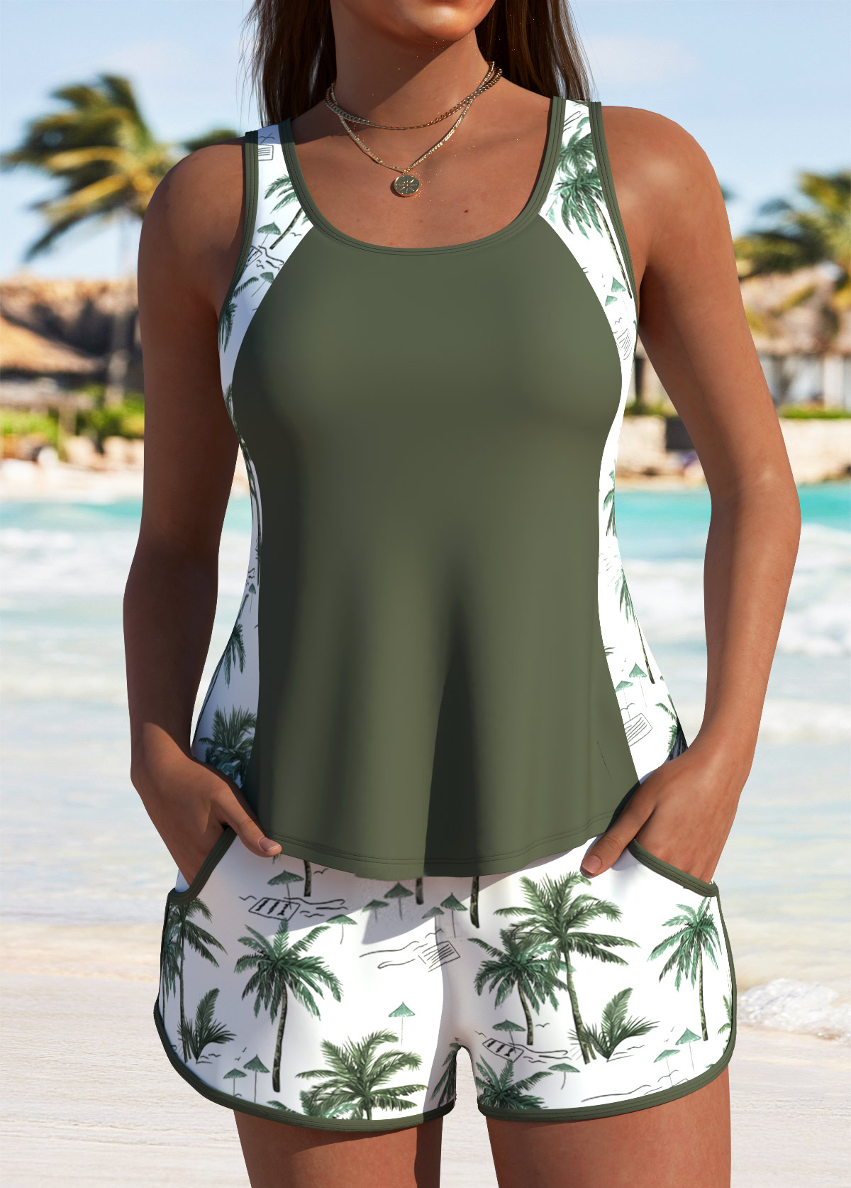 Pocket Mid Waisted Tropical Plants Print Tankini Set | picture 