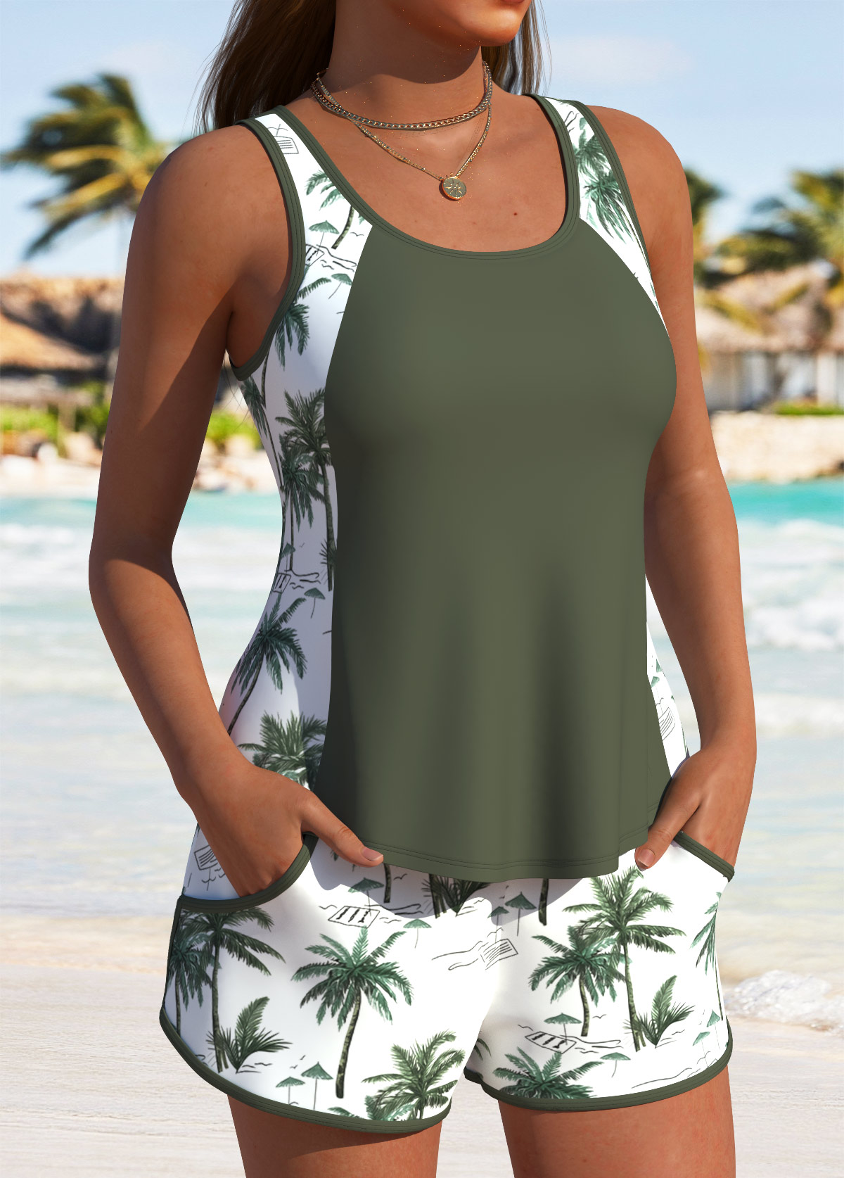 Pocket Mid Waisted Tropical Plants Print Tankini Set | picture 