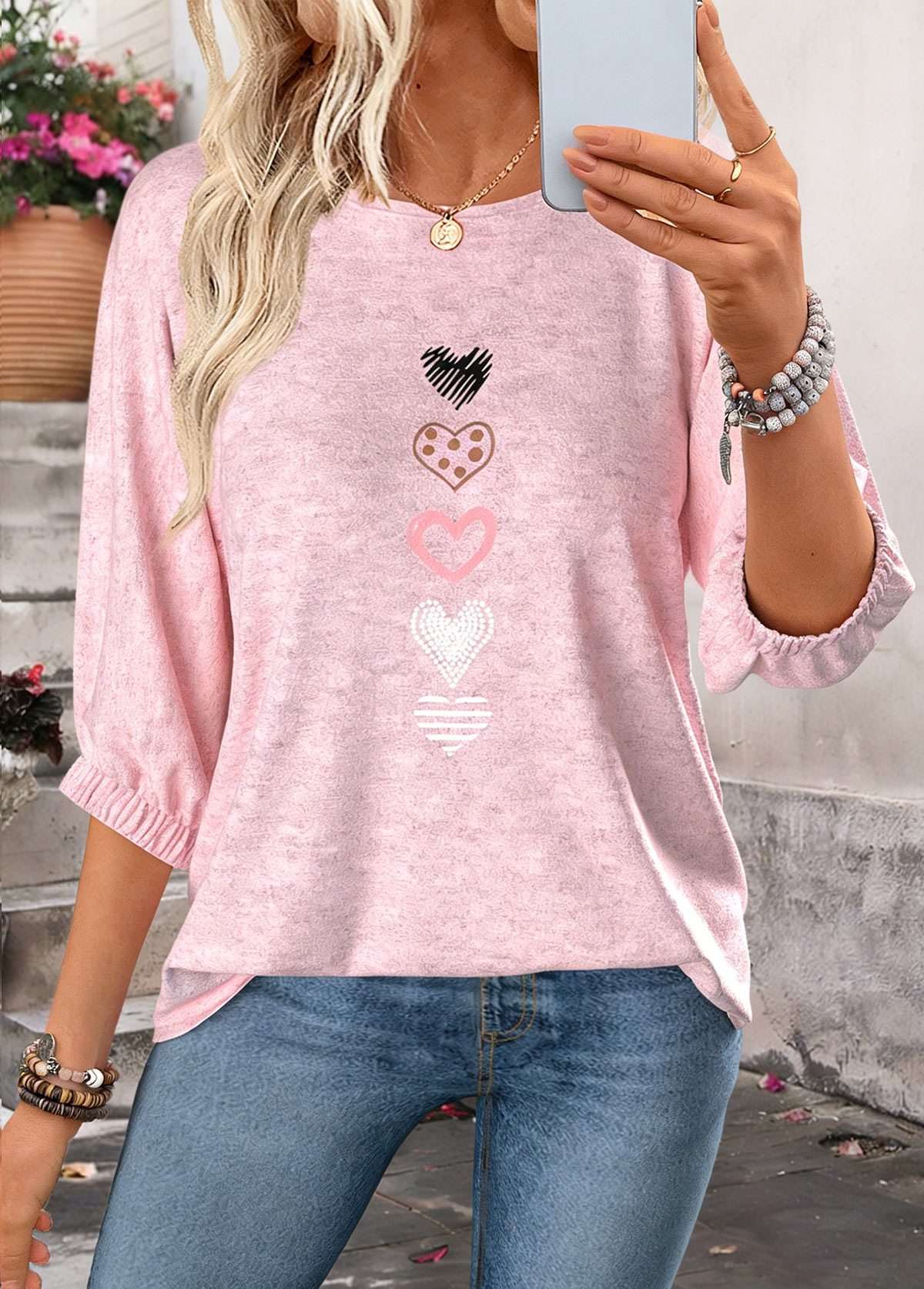 Light Pink Tummy Coverage Geometric Print 3/4 Sleeve Blouse | picture 