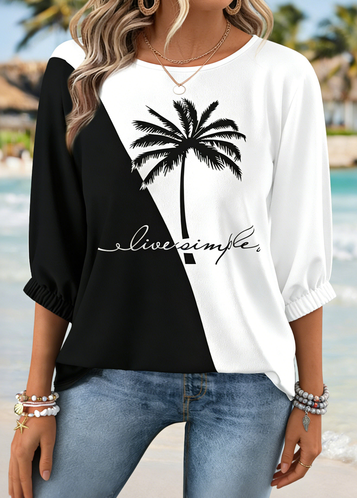 Black Tummy Coverage Tropical Plants Print 3/4 Sleeve Blouse | picture 