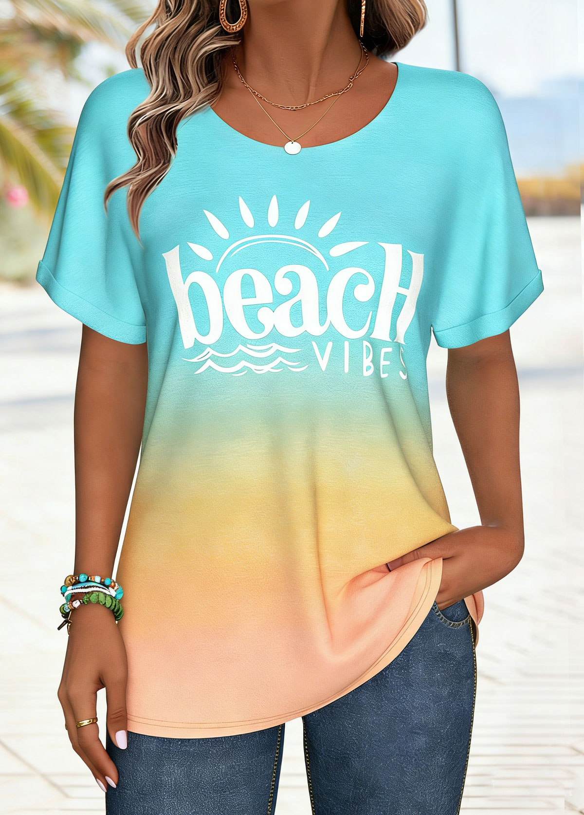 Multi Color Curved Hem Ombre Short Sleeve T Shirt | picture 