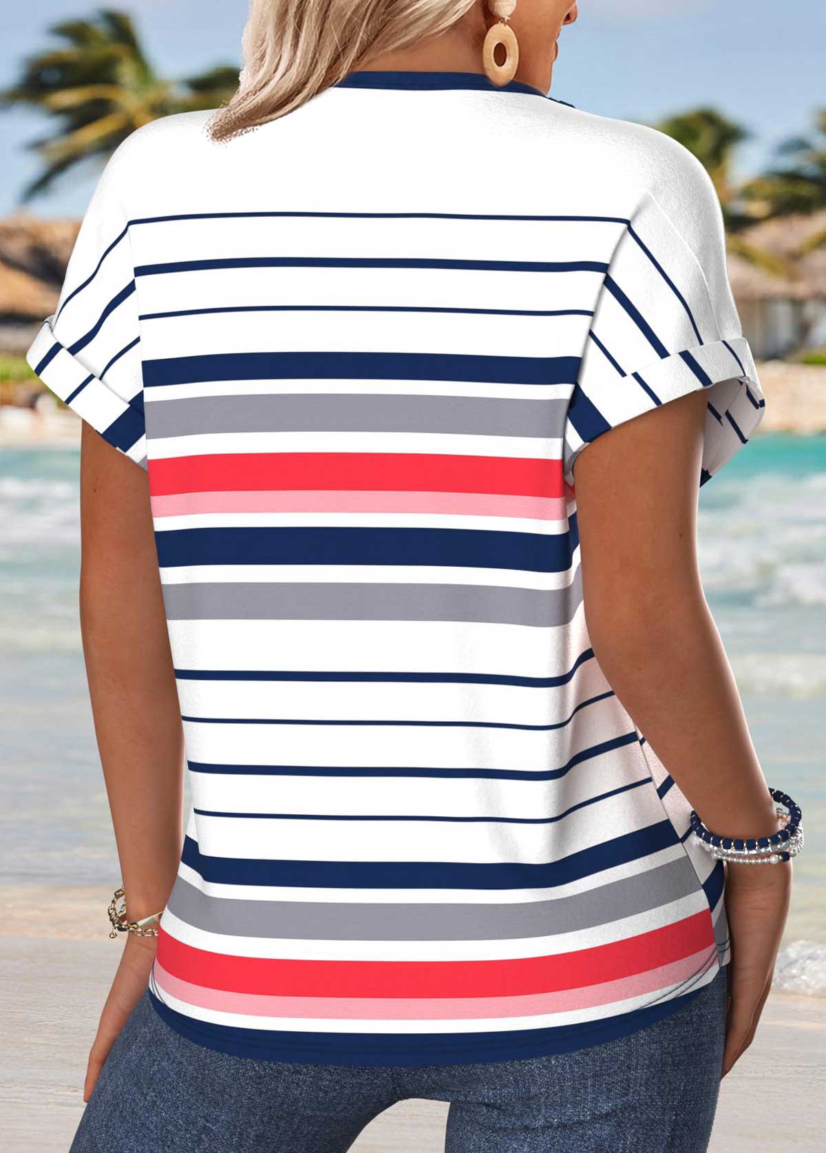 Multi Color Tummy Coverage Striped Short Sleeve Blouse | picture 
