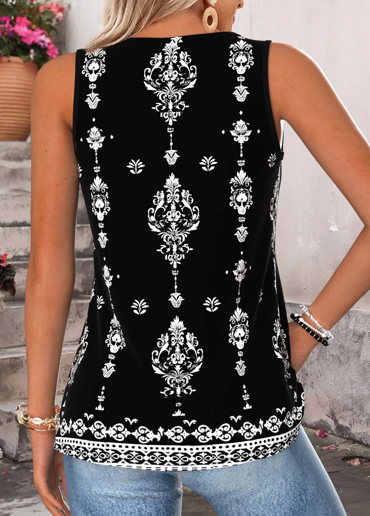 Black Tummy Coverage Tribal Print Sleeveless Tank Top | picture 