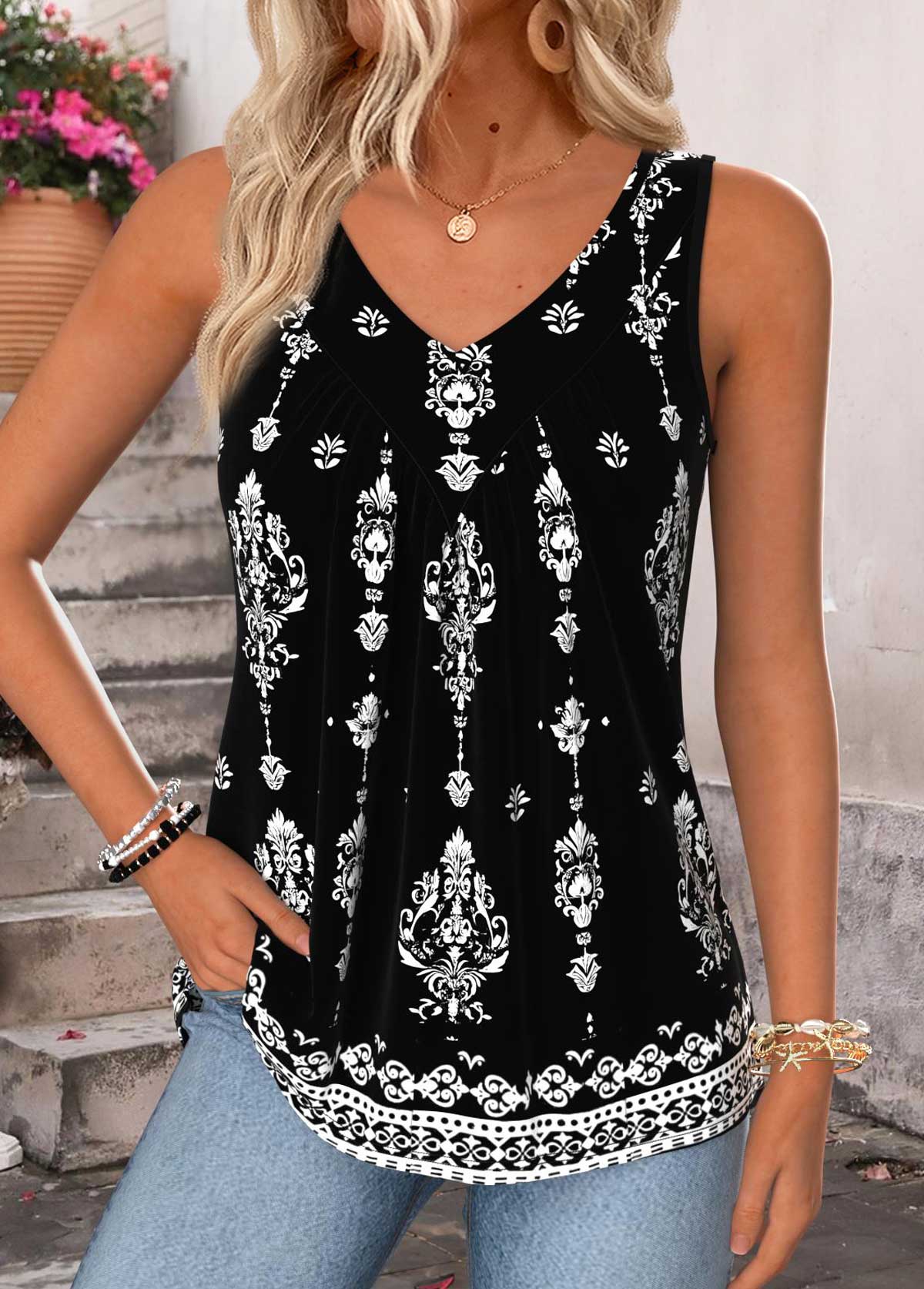 Black Tummy Coverage Tribal Print Sleeveless Tank Top | picture 