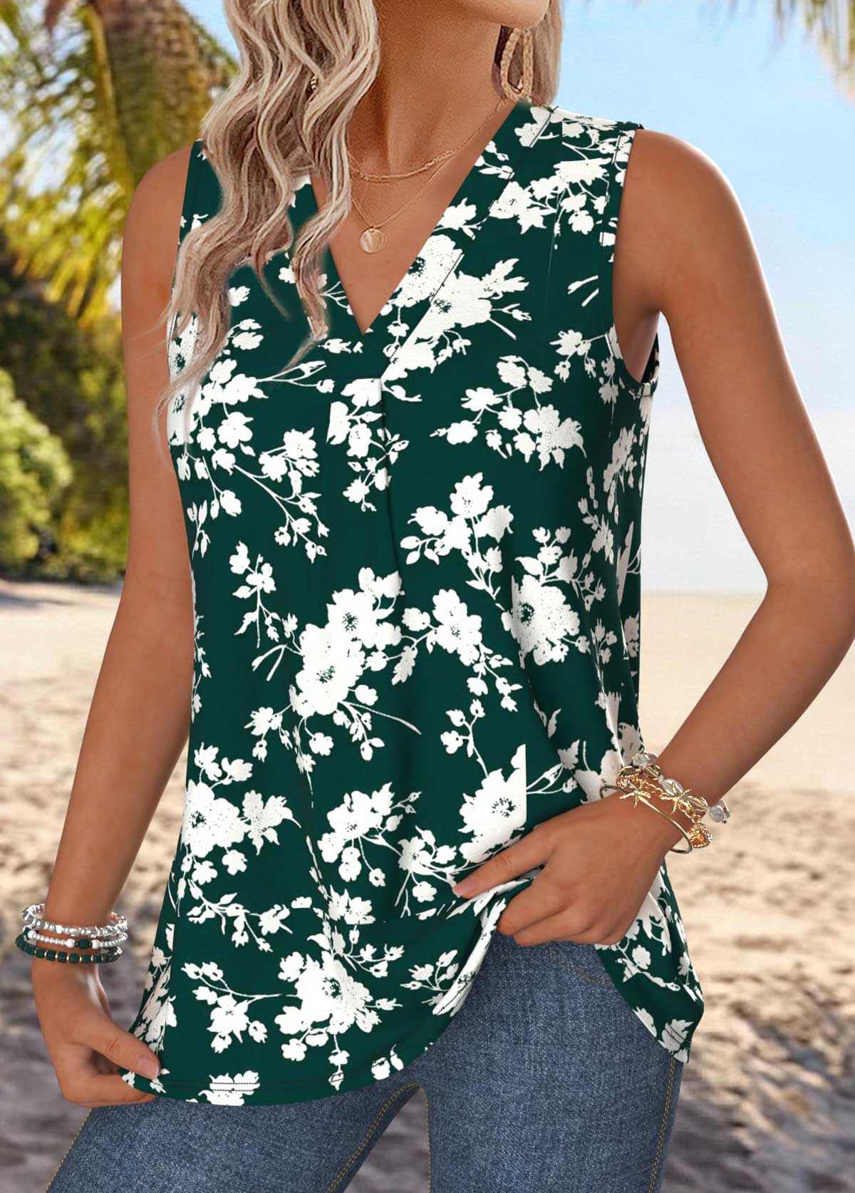 Green Tummy Coverage Floral Print Sleeveless Tank Top | picture 