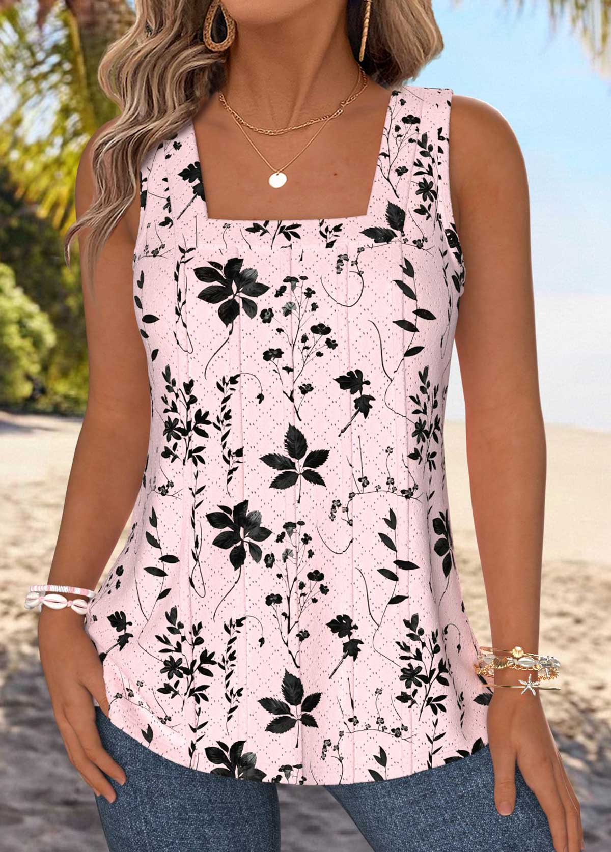Light Pink Tummy Coverage Floral Print Sleeveless Tank Top | picture 