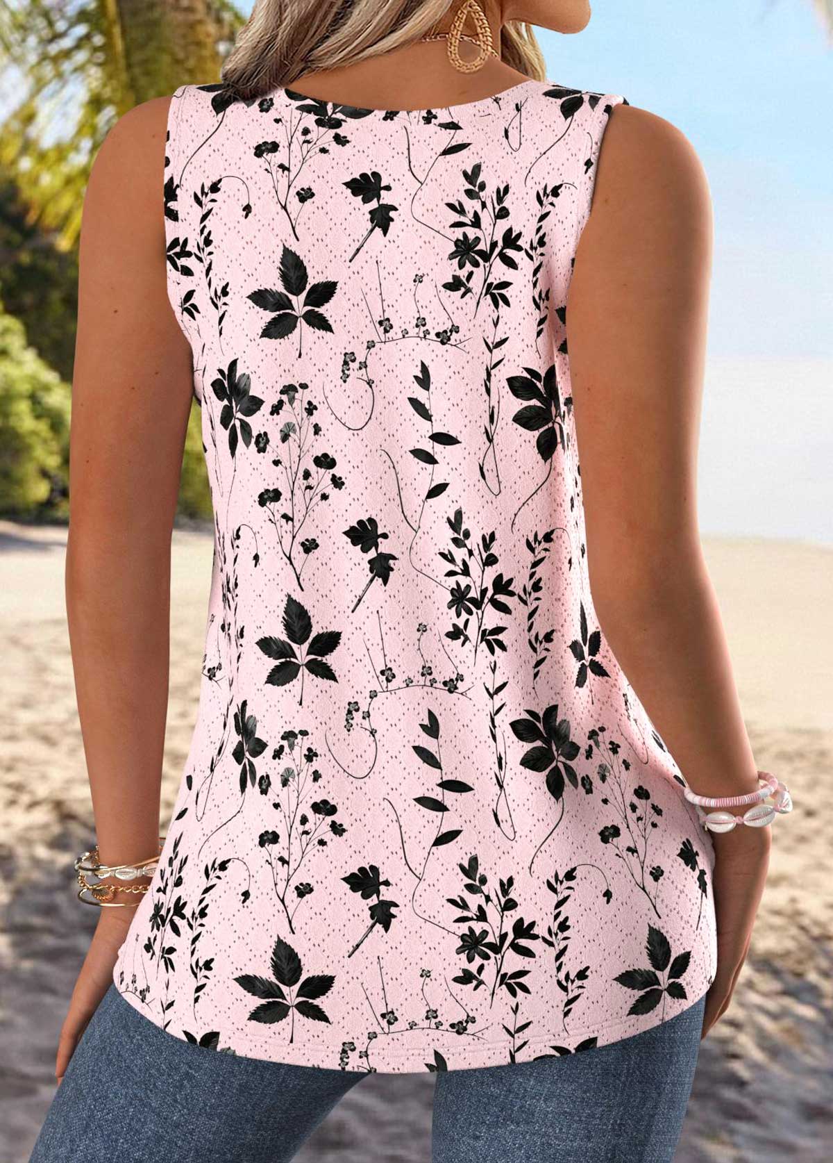 Light Pink Tummy Coverage Floral Print Sleeveless Tank Top | picture 